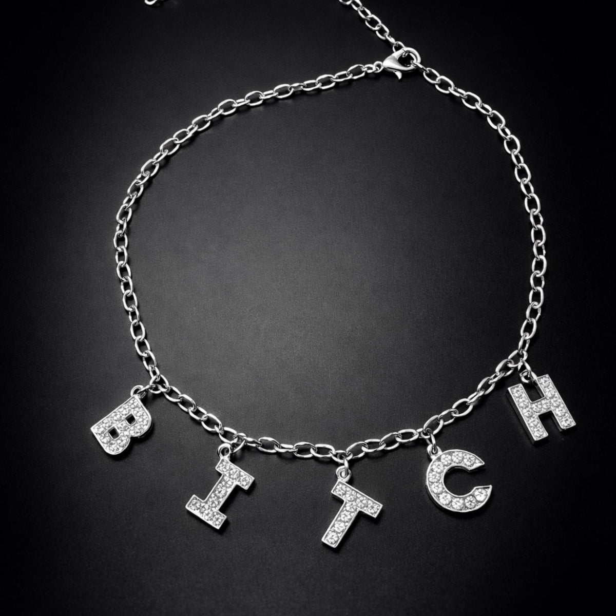 Silver Swear Word Necklace, Stainless Steel Pavé CZ Statement Chain
