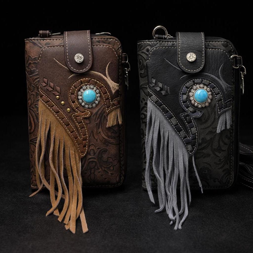 Western Tooled Leather Crossbody Wallet with Fringe and Turquoise Detail