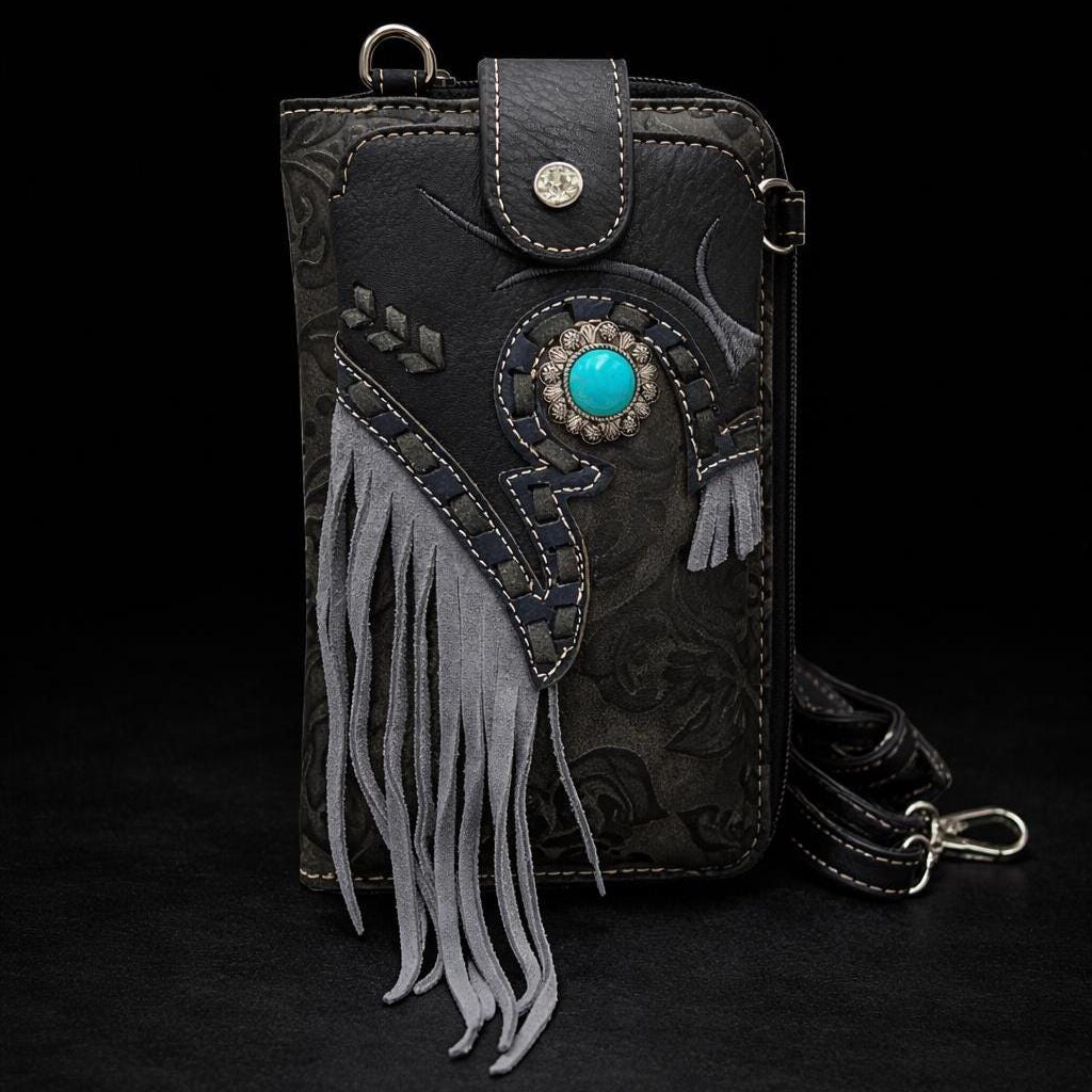 Western Tooled Leather Crossbody Wallet with Fringe and Turquoise Detail