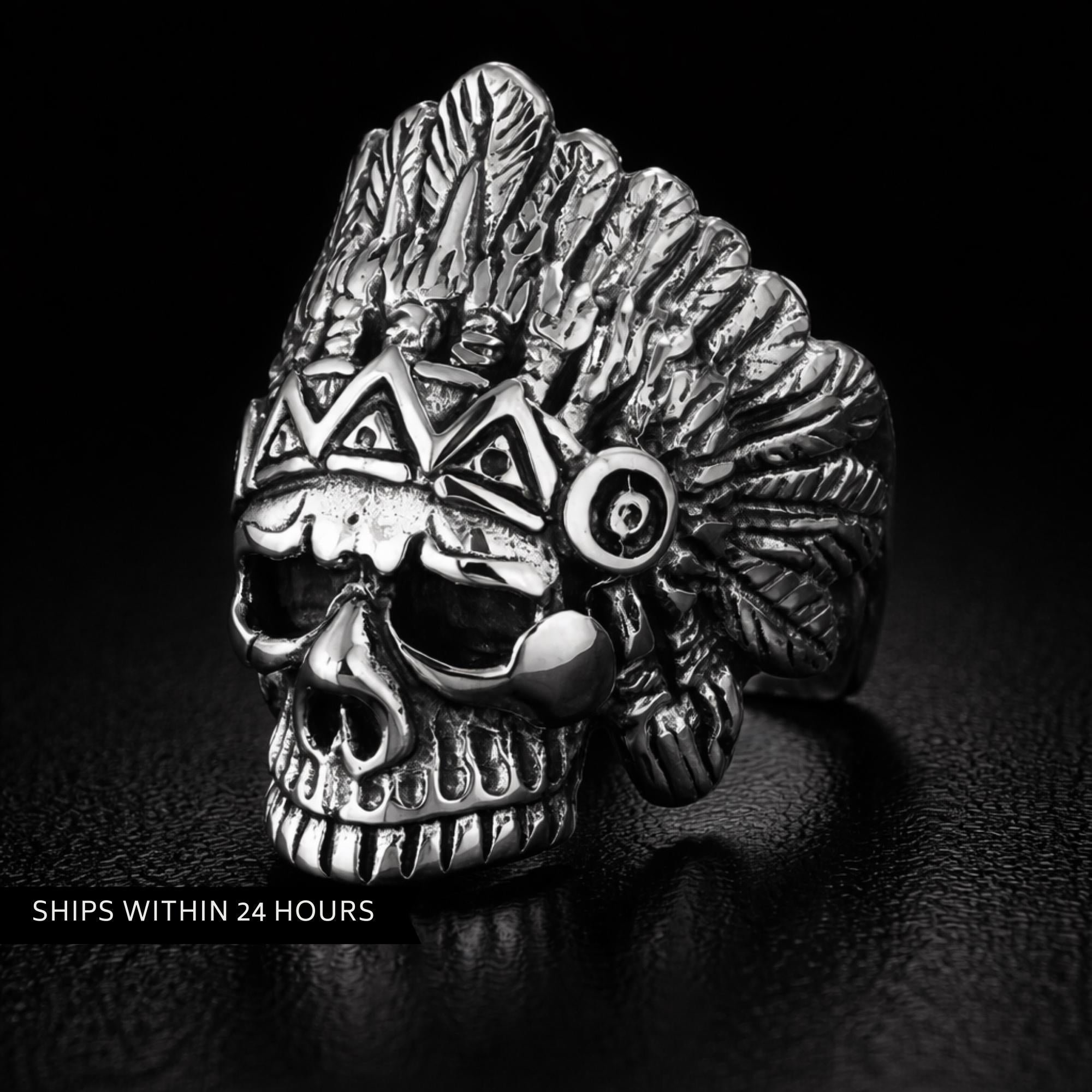 Heavy Skull Biker Ring for Men, Oxidized Stainless Steel Outlaw Statement Ring