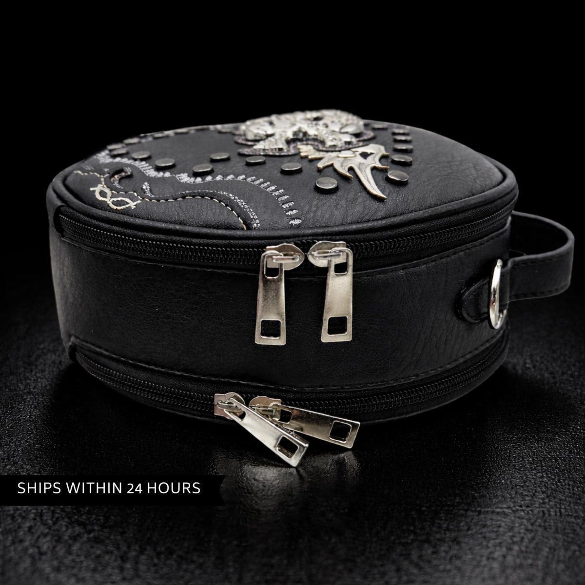 Gothic Skull Crossbody Purse with Rhinestones and Studded Detail