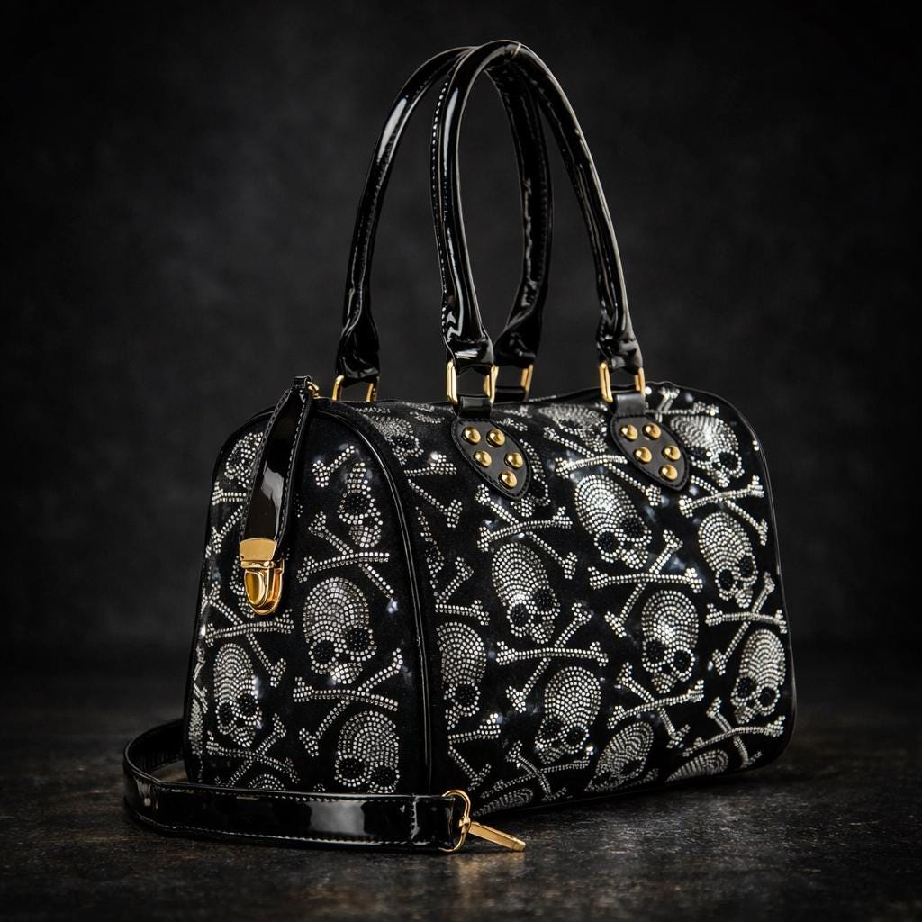 Rhinestone Skull Gothic Handbag, Gold Hardware Statement Purse for Alt Fashion Looks