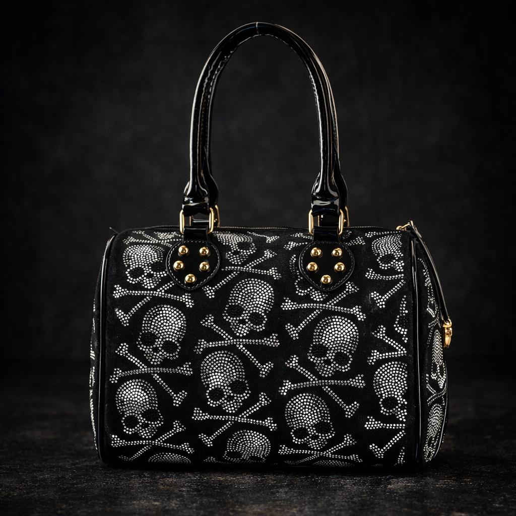 Rhinestone Skull Gothic Handbag, Gold Hardware Statement Purse for Alt Fashion Looks