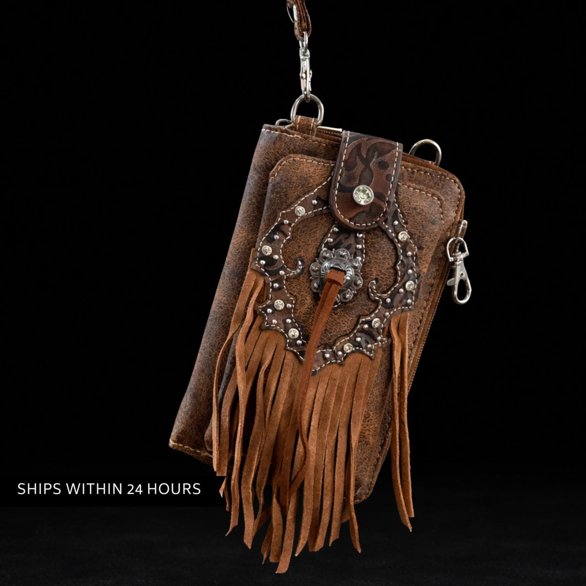 Brown Leather Western Fringe Phone Wallet Crossbody, Cowgirl Statement Accessory