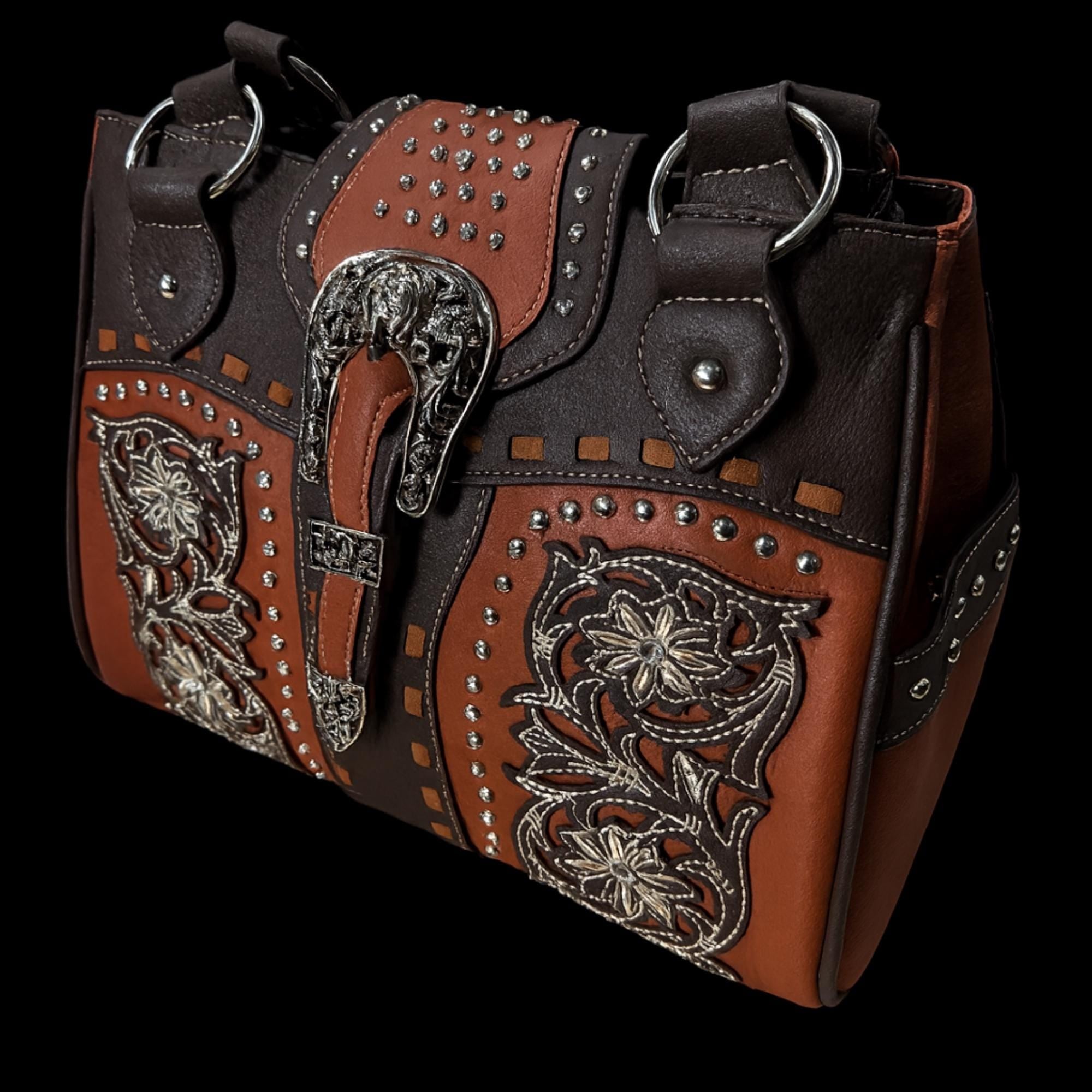 Genuine Leather Western Handbag with Lock, Studded Boho Biker Purse with Concealed Zip Pocket