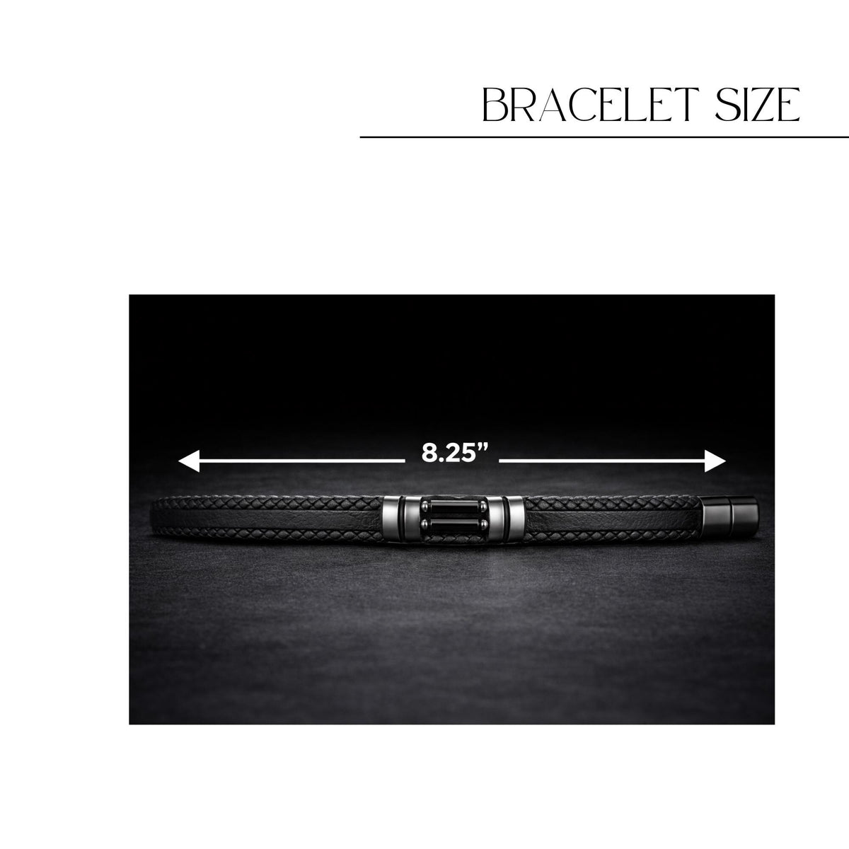 Braided Leather Biker Bracelet for Men, Black Motorcycle Style with Stone Inlay and Magnetic Clasp