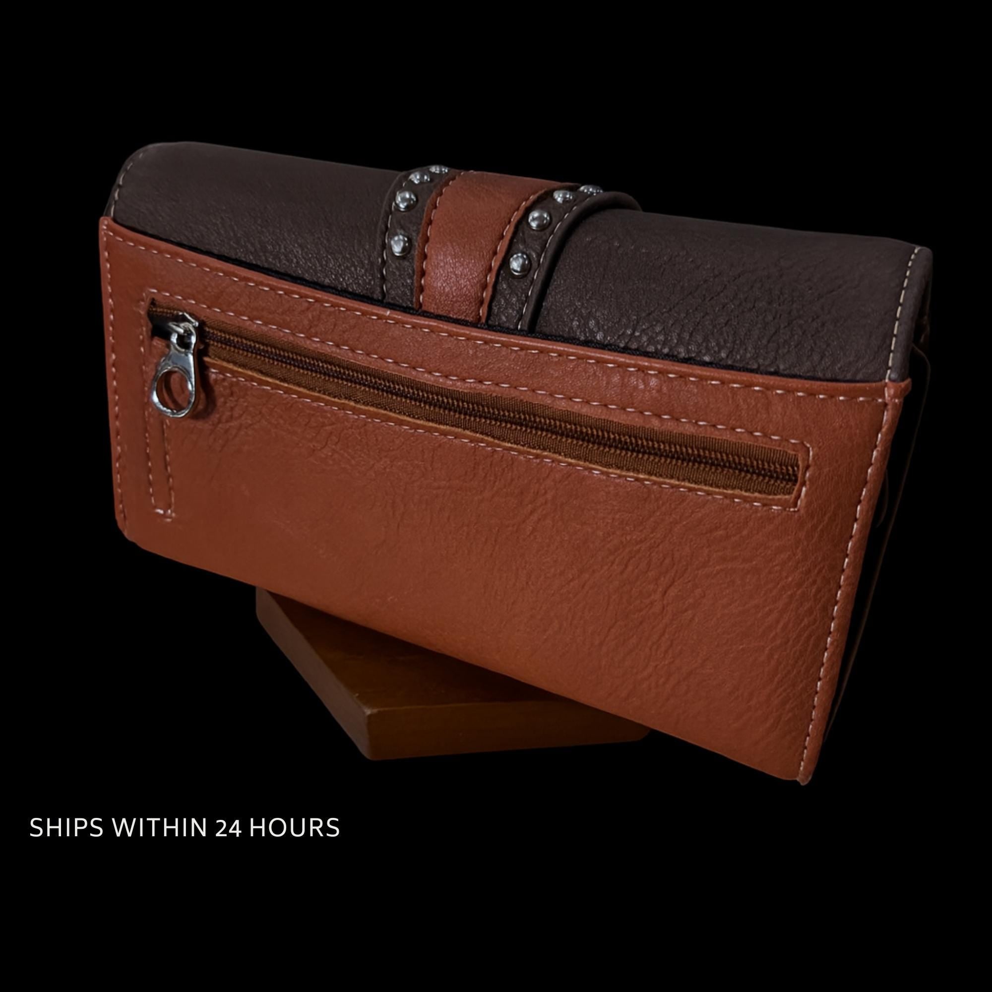 Brown Western Crossbody Wallet: Tri Fold Design with Strap