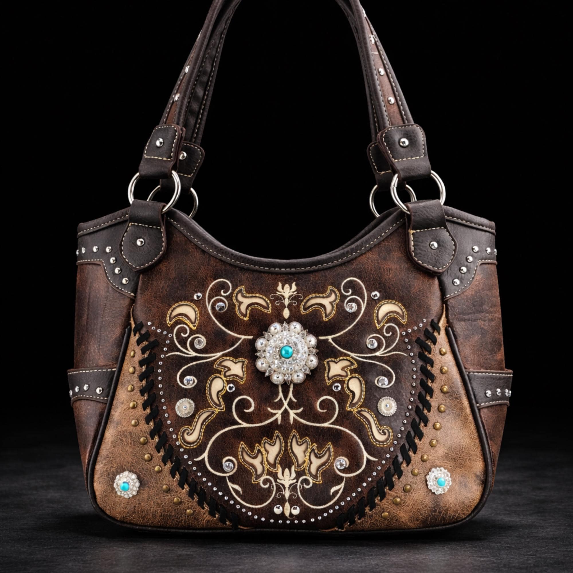 Western Embroidered Shoulder Bag with Turquoise Concho, Faux Leather Boho Purse for Everyday Use