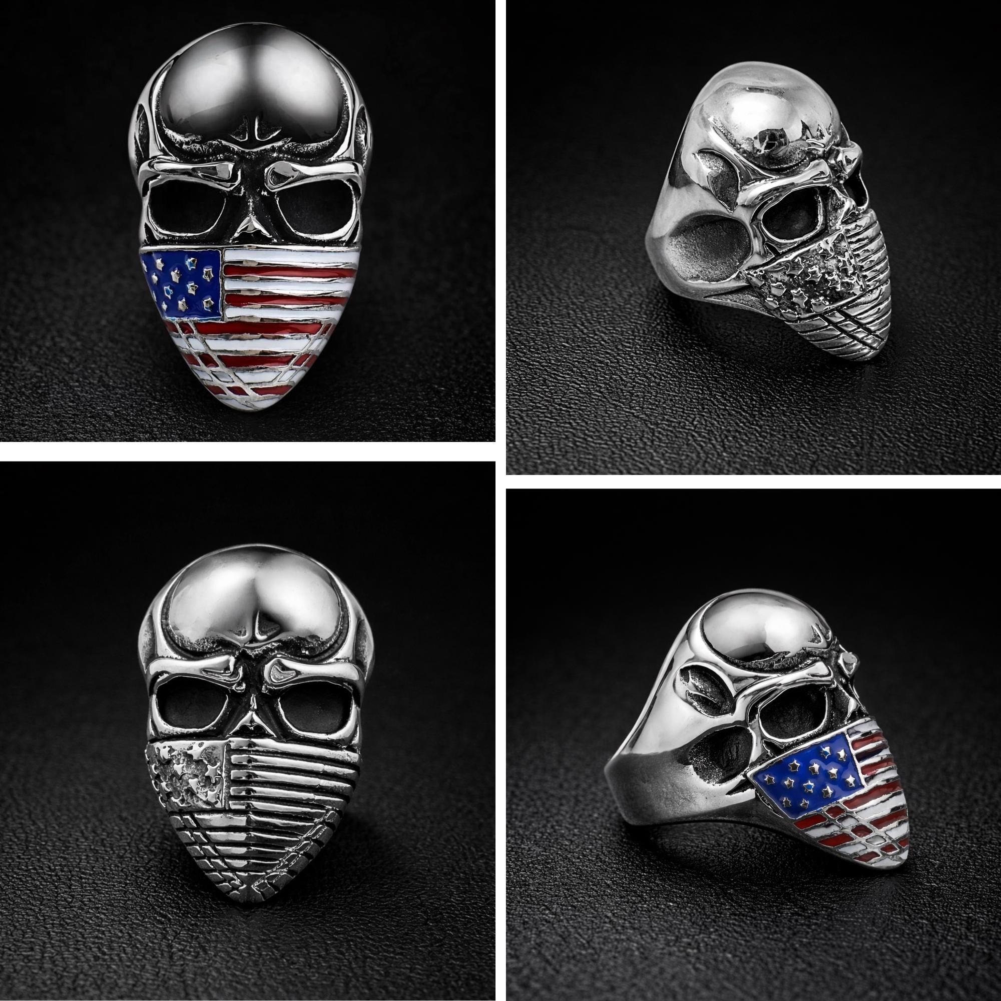 Stainless Steel American Flag Skull Ring for Men