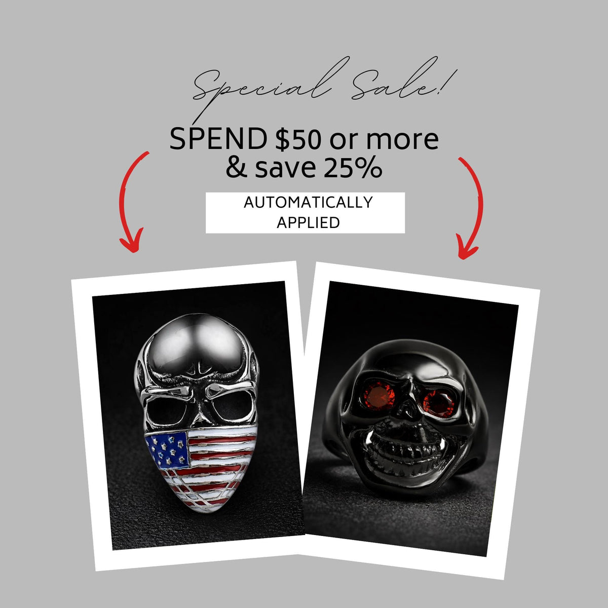 Black Stainless Steel Skull Ring for Men, Red CZ Eyes Biker Style