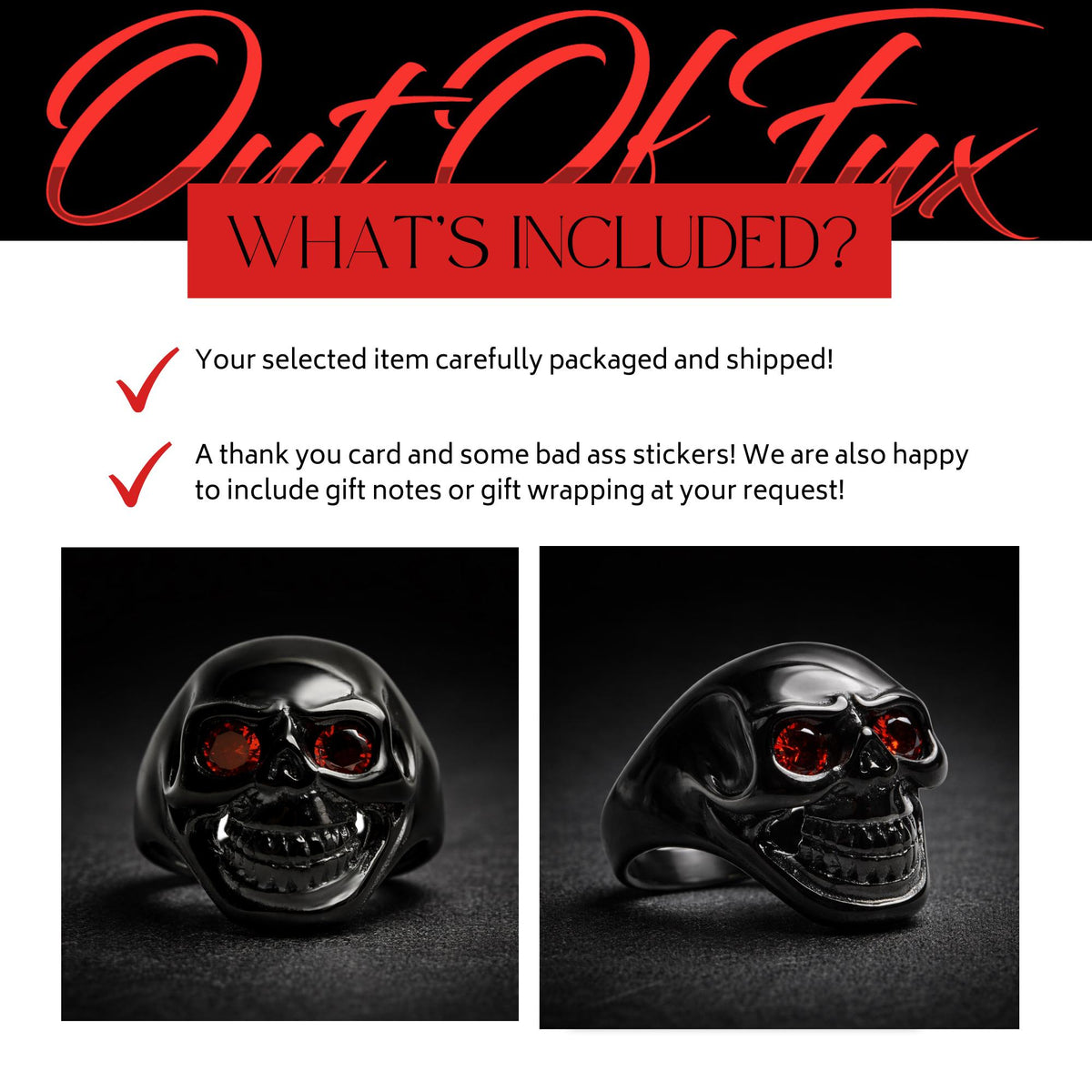 Black Stainless Steel Skull Ring for Men, Red CZ Eyes Biker Style