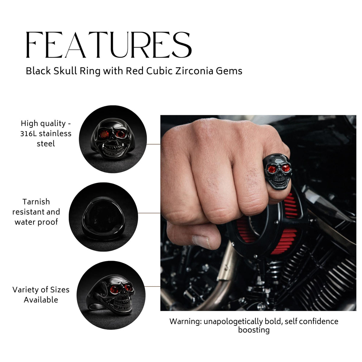 Black Stainless Steel Skull Ring for Men, Red CZ Eyes Biker Style
