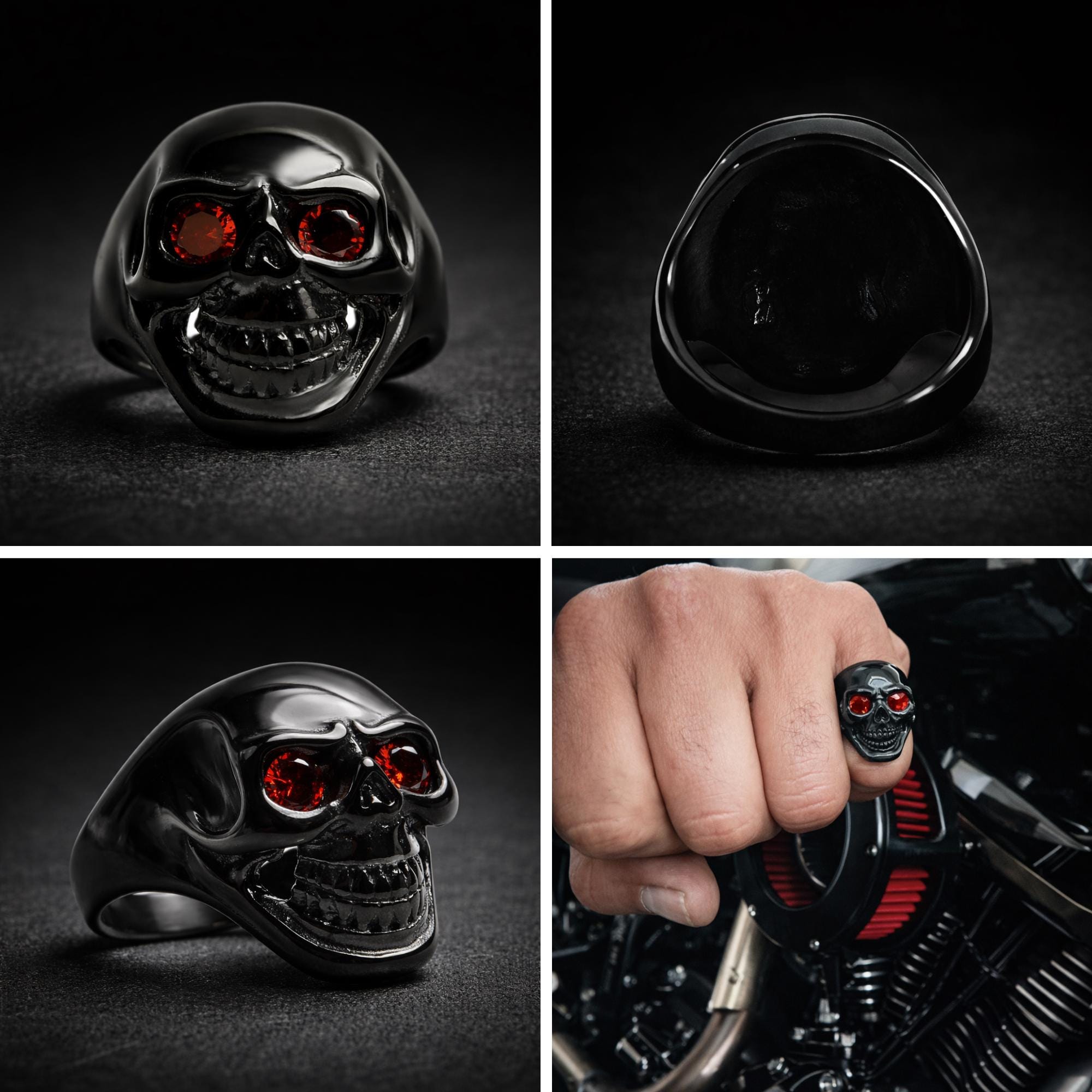 Black Stainless Steel Skull Ring for Men, Red CZ Eyes Biker Style