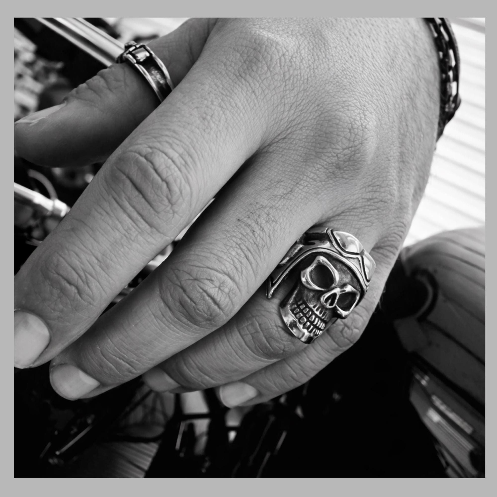 Mens Aviator Skull Ring with Helmet, Heavy Biker Statement Jewelry