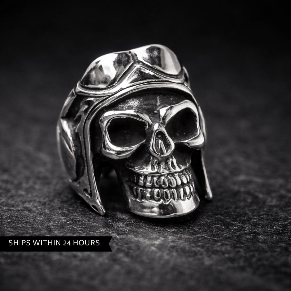 Mens Aviator Skull Ring with Helmet, Heavy Biker Statement Jewelry
