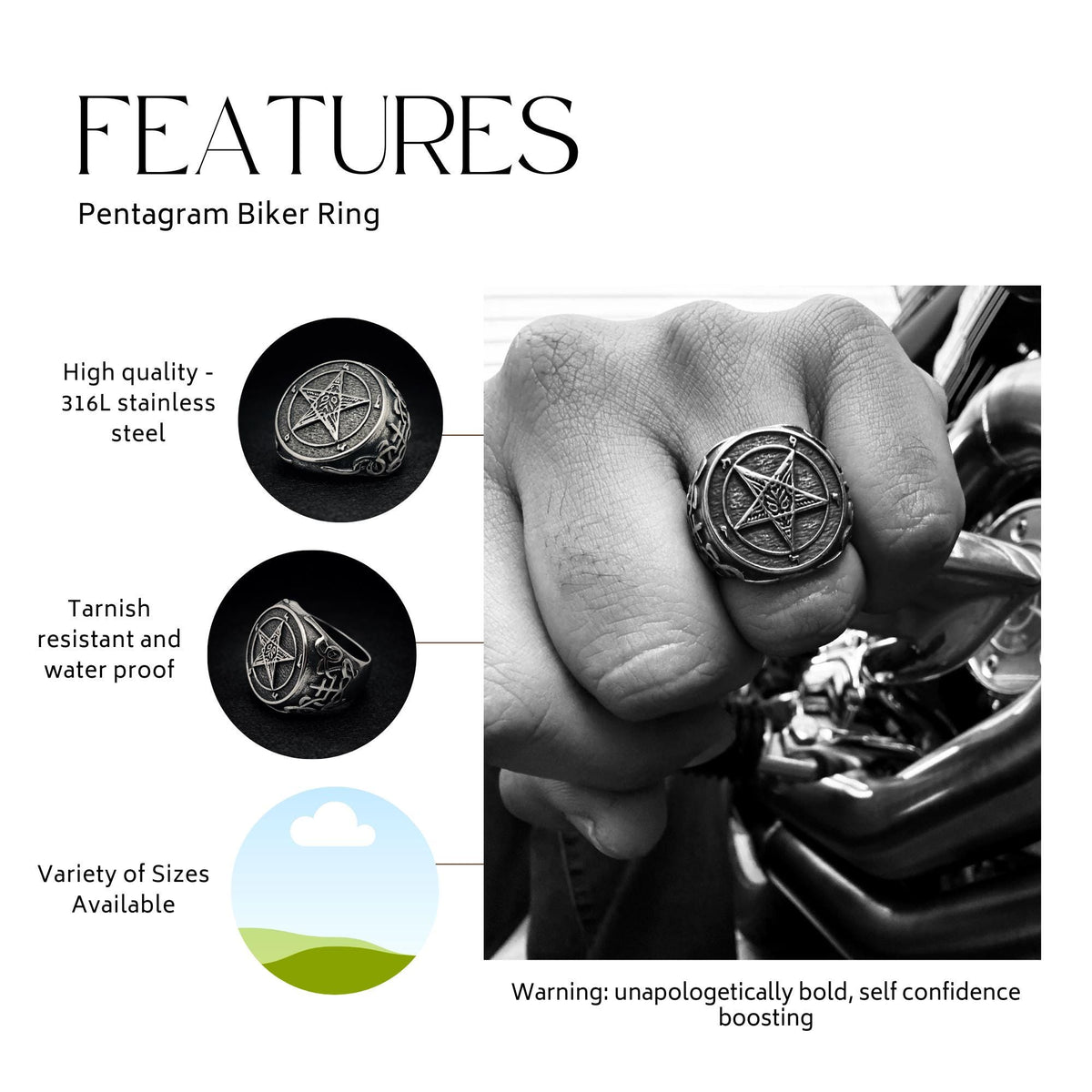 Chunky Pentagram Biker Ring, Gothic Silver Statement Ring for Men