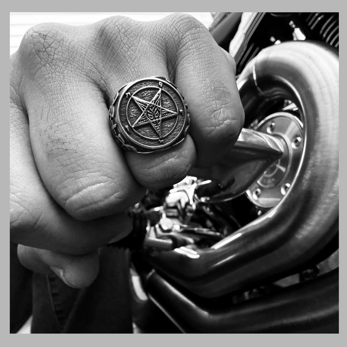 Chunky Pentagram Biker Ring, Gothic Silver Statement Ring for Men