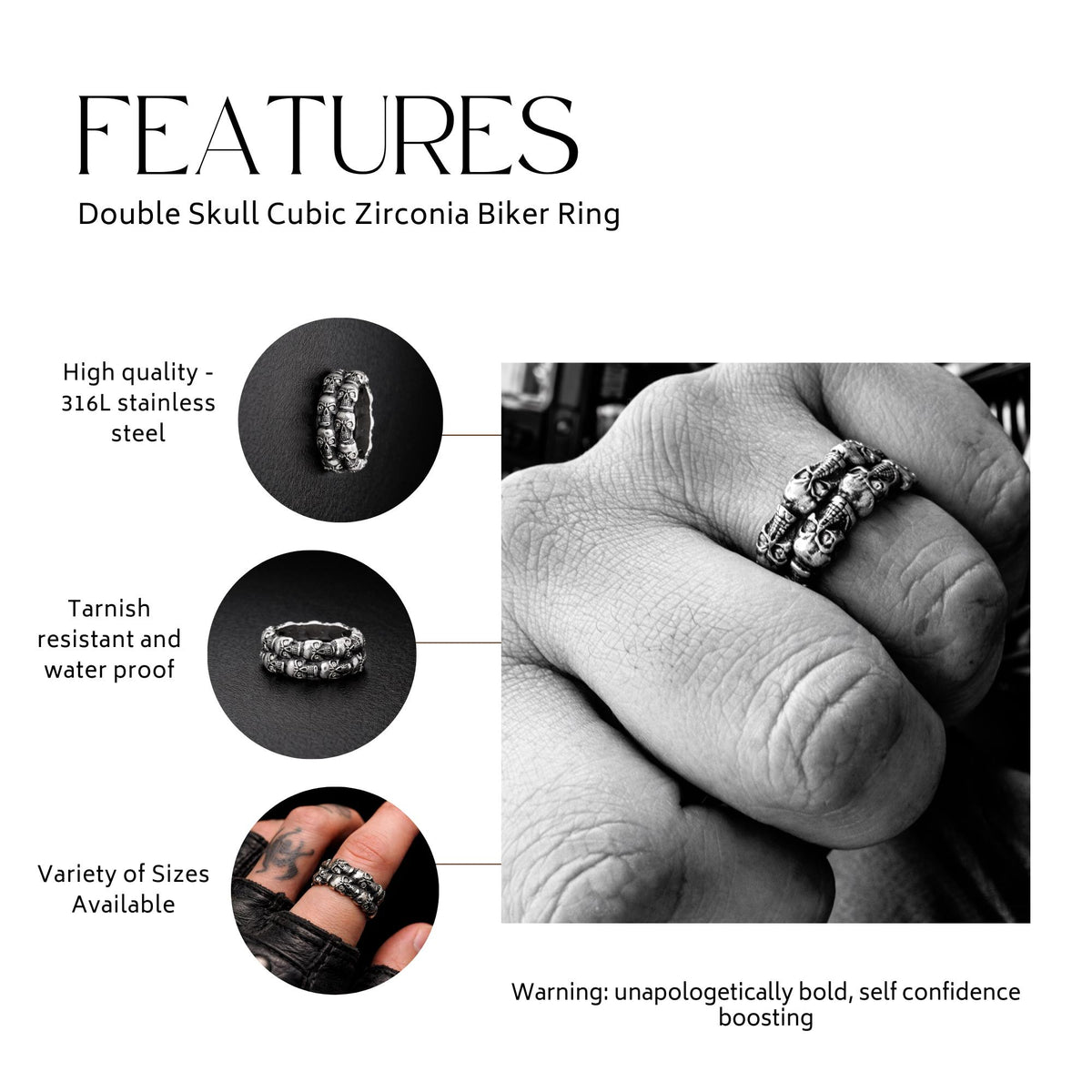 Mens Stainless Steel Skull Biker Ring, Heavy Motorcycle Jewelry with CZ Accents