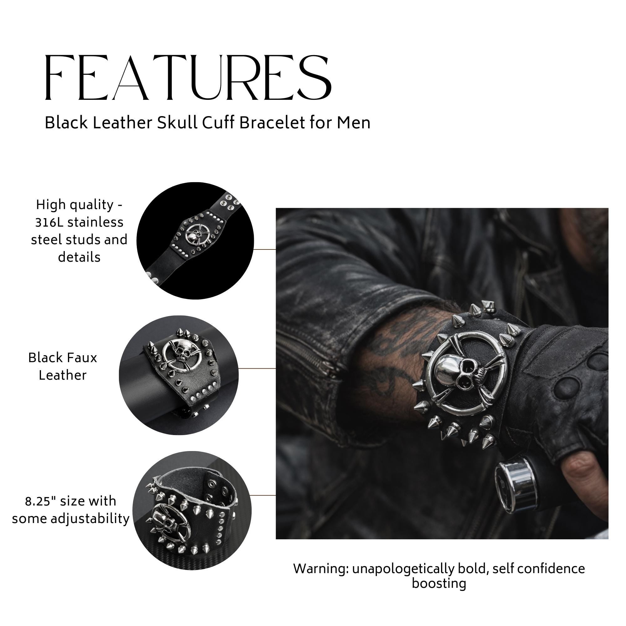 Biker Skull Leather Cuff Bracelet for Men, Faux Leather Wristband with Stainless Steel Studs