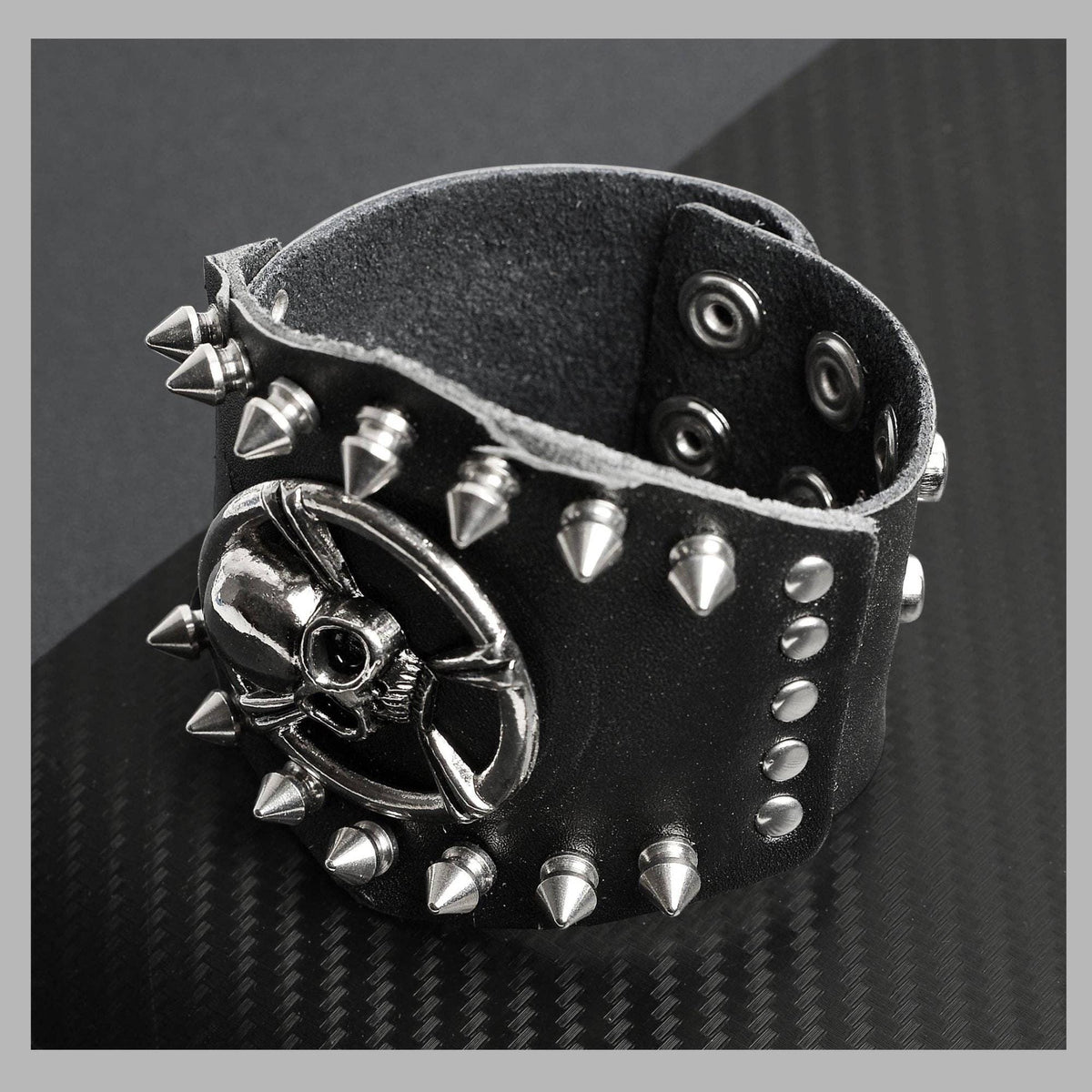 Biker Skull Leather Cuff Bracelet for Men, Faux Leather Wristband with Stainless Steel Studs