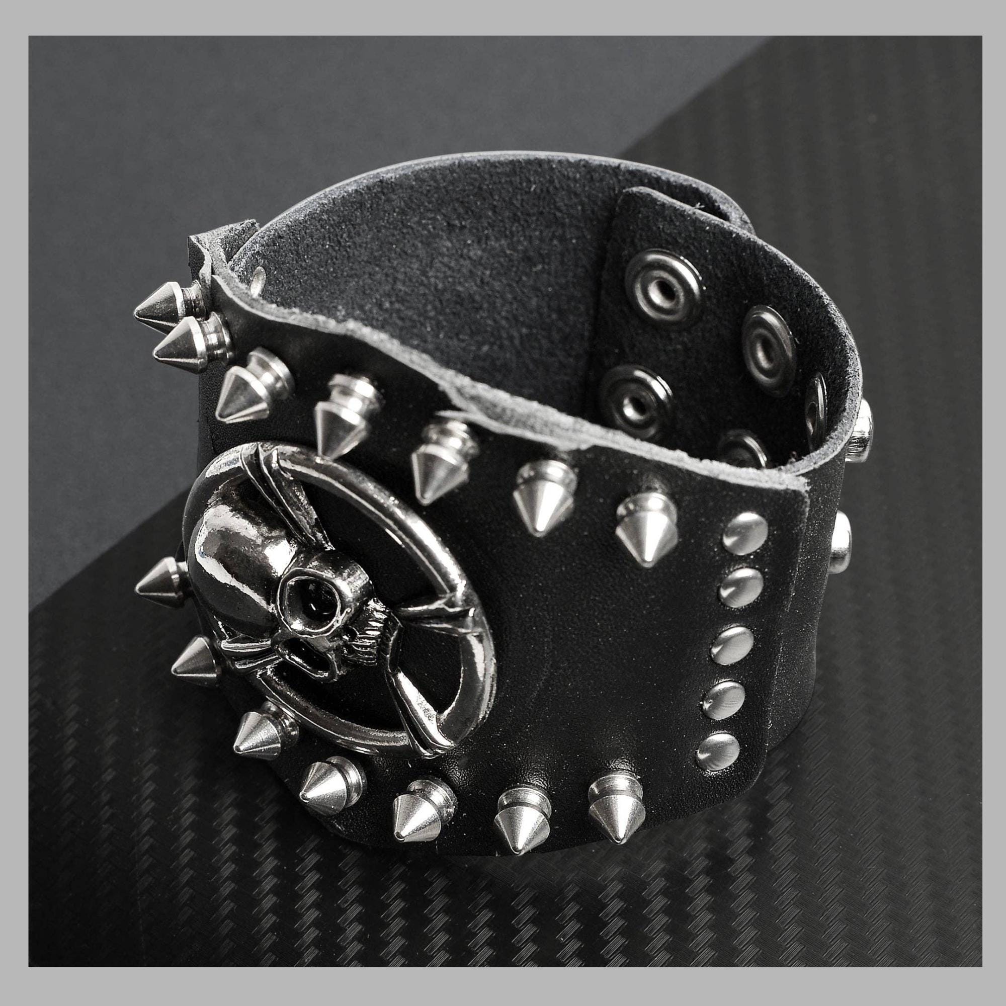 Biker Skull Leather Cuff Bracelet for Men, Faux Leather Wristband with Stainless Steel Studs