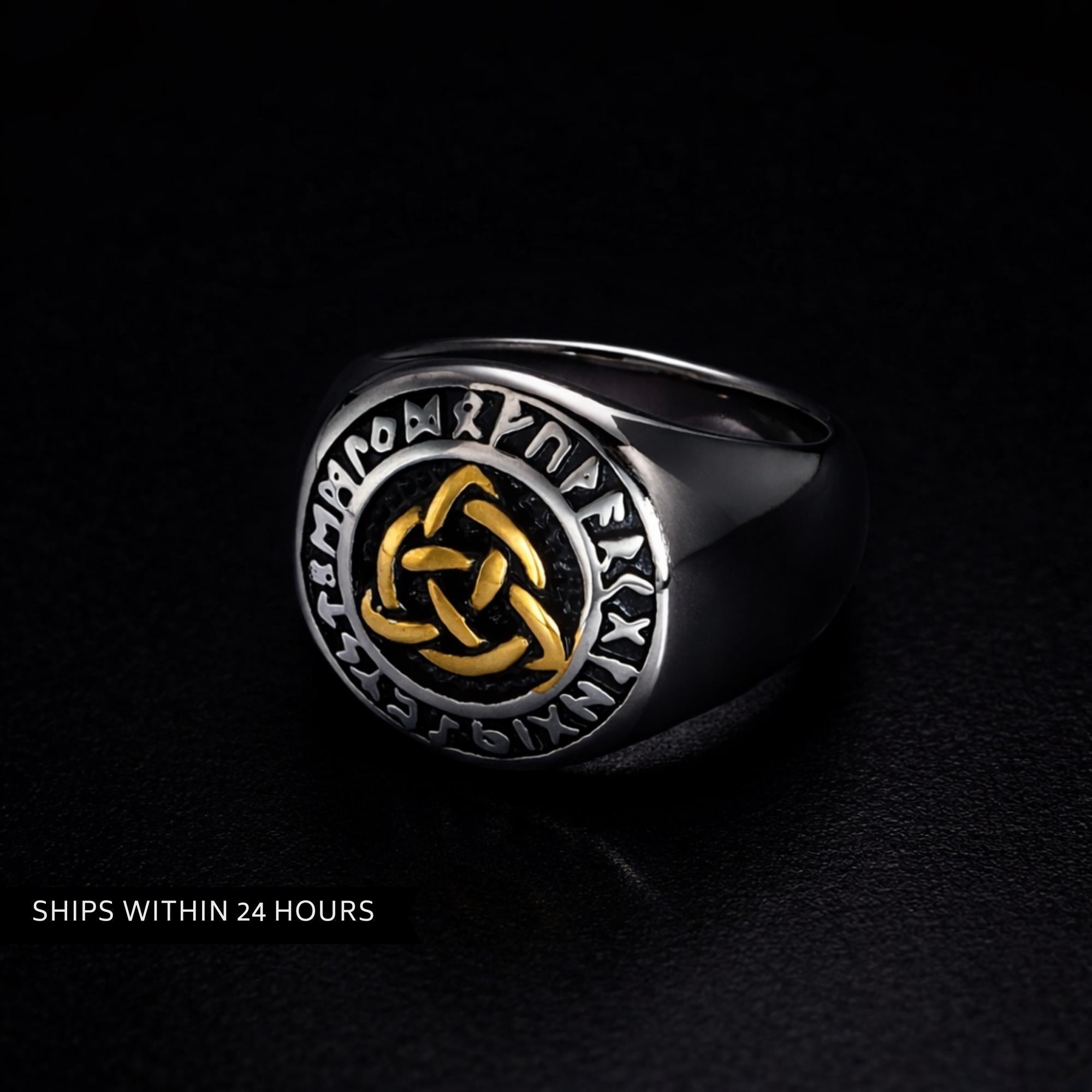 Viking Rune Statement Ring for Men, Norse Mythology Triquetra Ring