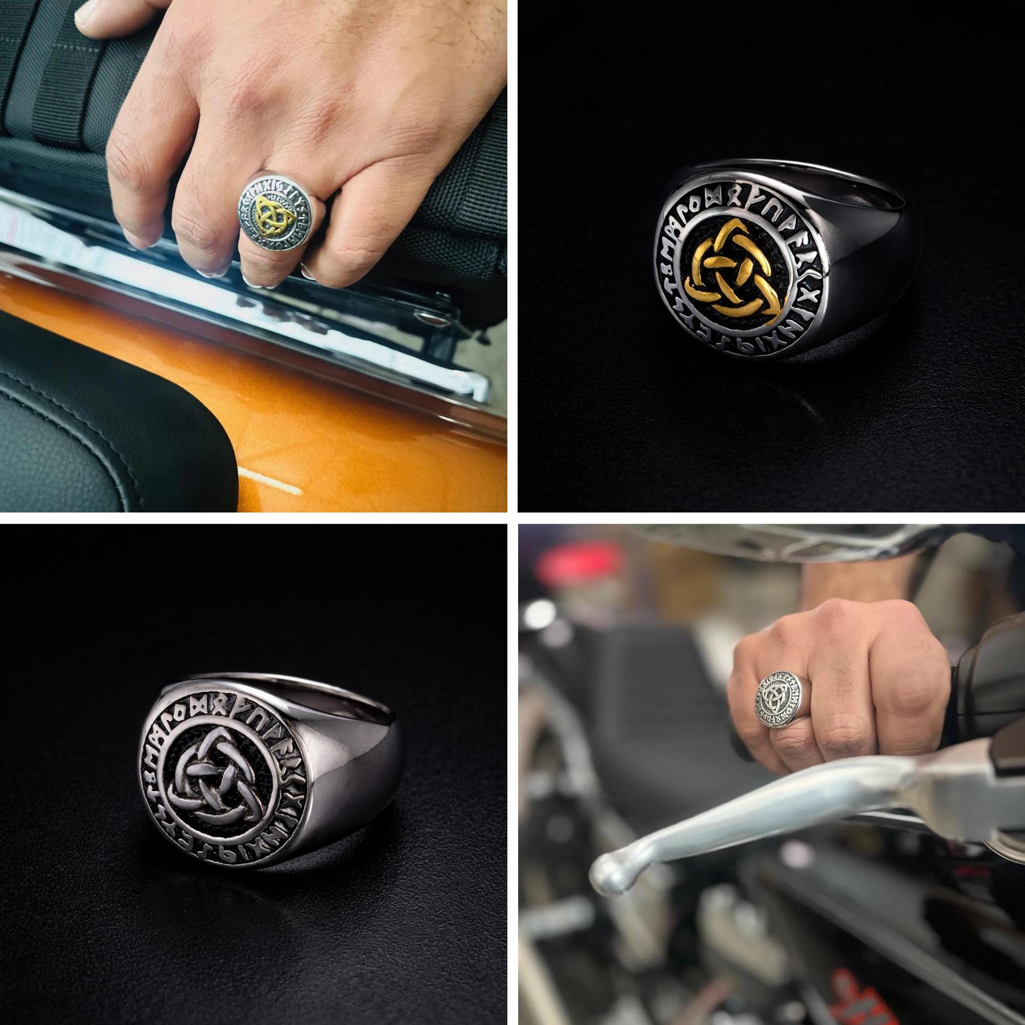 Viking Rune Statement Ring for Men, Norse Mythology Triquetra Ring