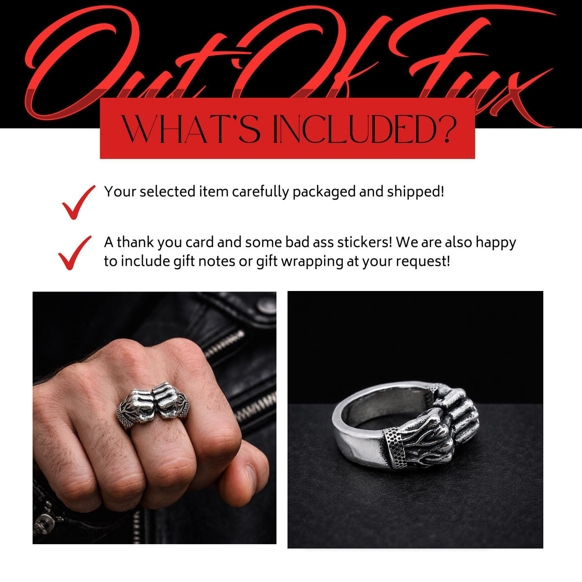 Stainless Steel Flamed Fist Ring for Men, Bold Biker Statement Jewelry