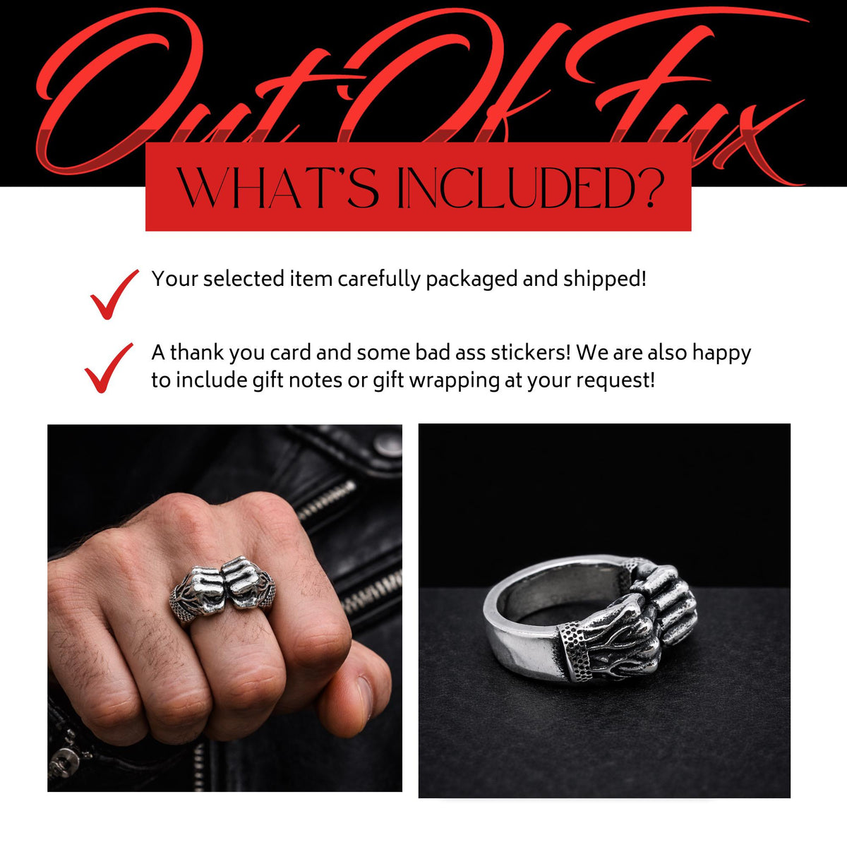Stainless Steel Flamed Fist Ring for Men, Bold Biker Statement Jewelry