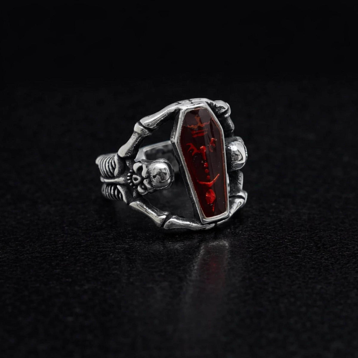 Red Coffin Skeleton Ring, Gothic Stainless Steel Statement Ring