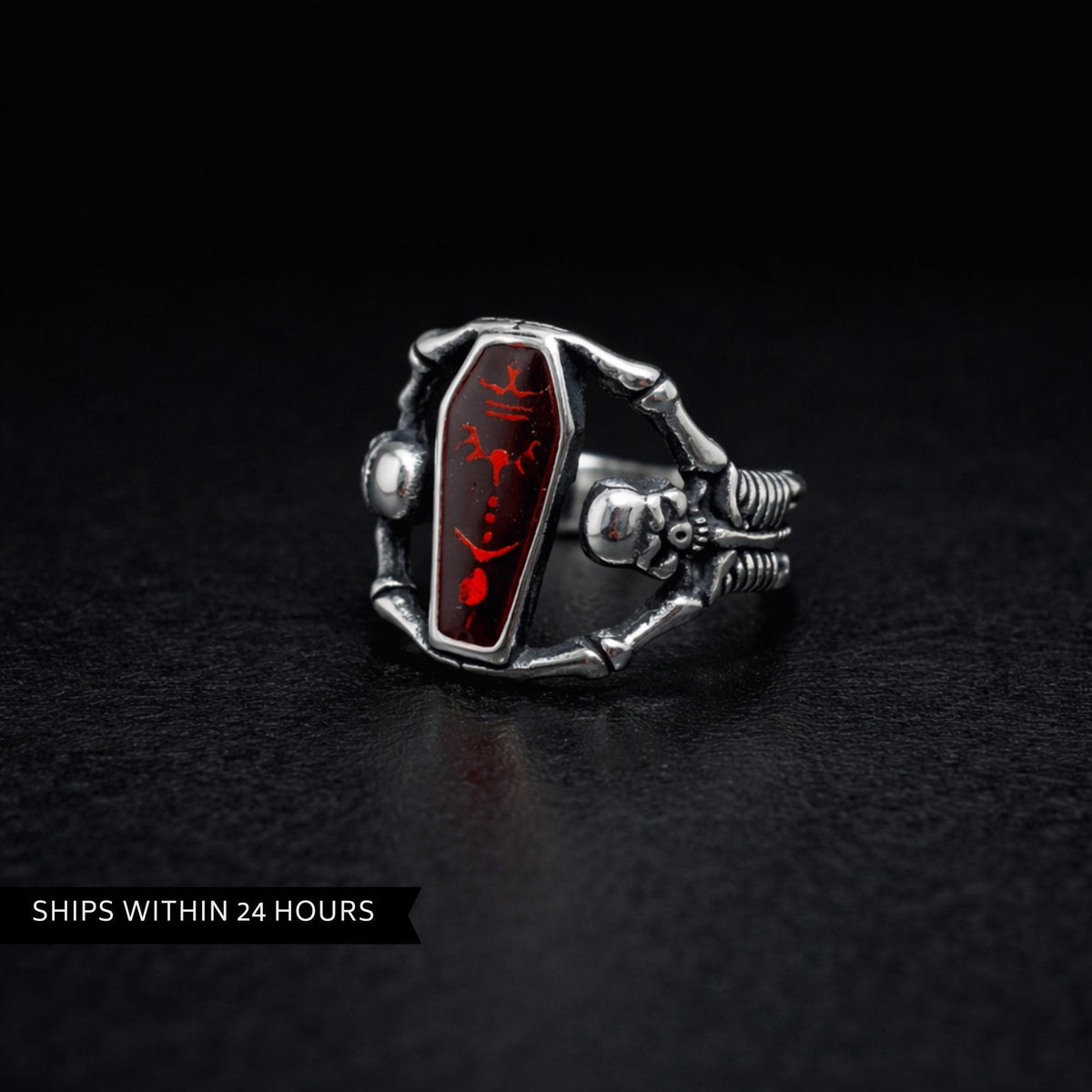 Red Coffin Skeleton Ring, Gothic Stainless Steel Statement Ring