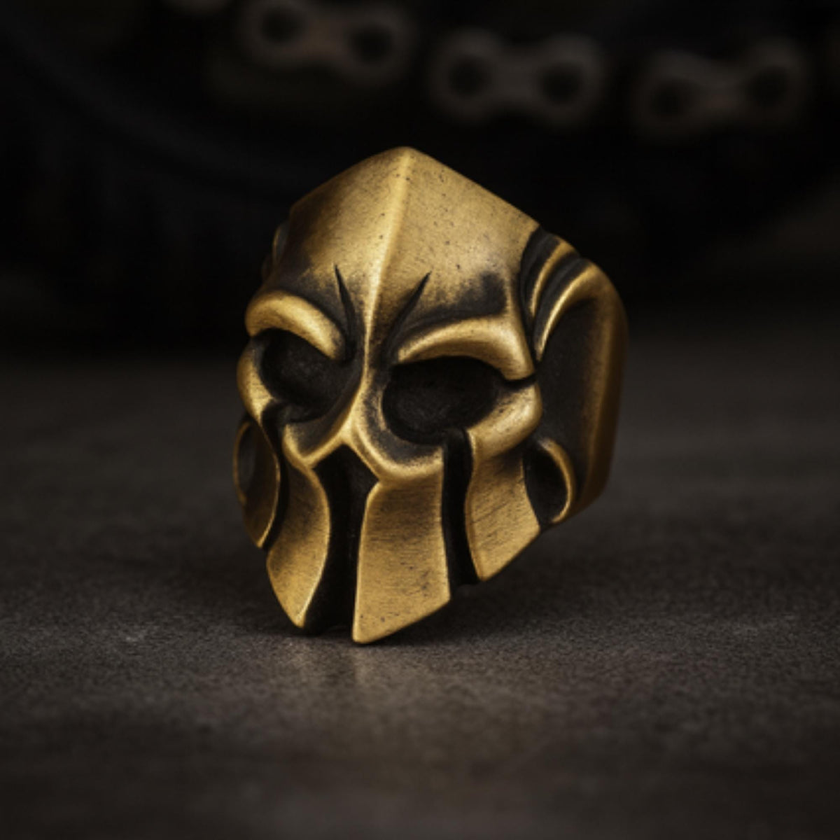Stainless Steel Biker Skull Ring: Antique Brass Warrior Helmet Design