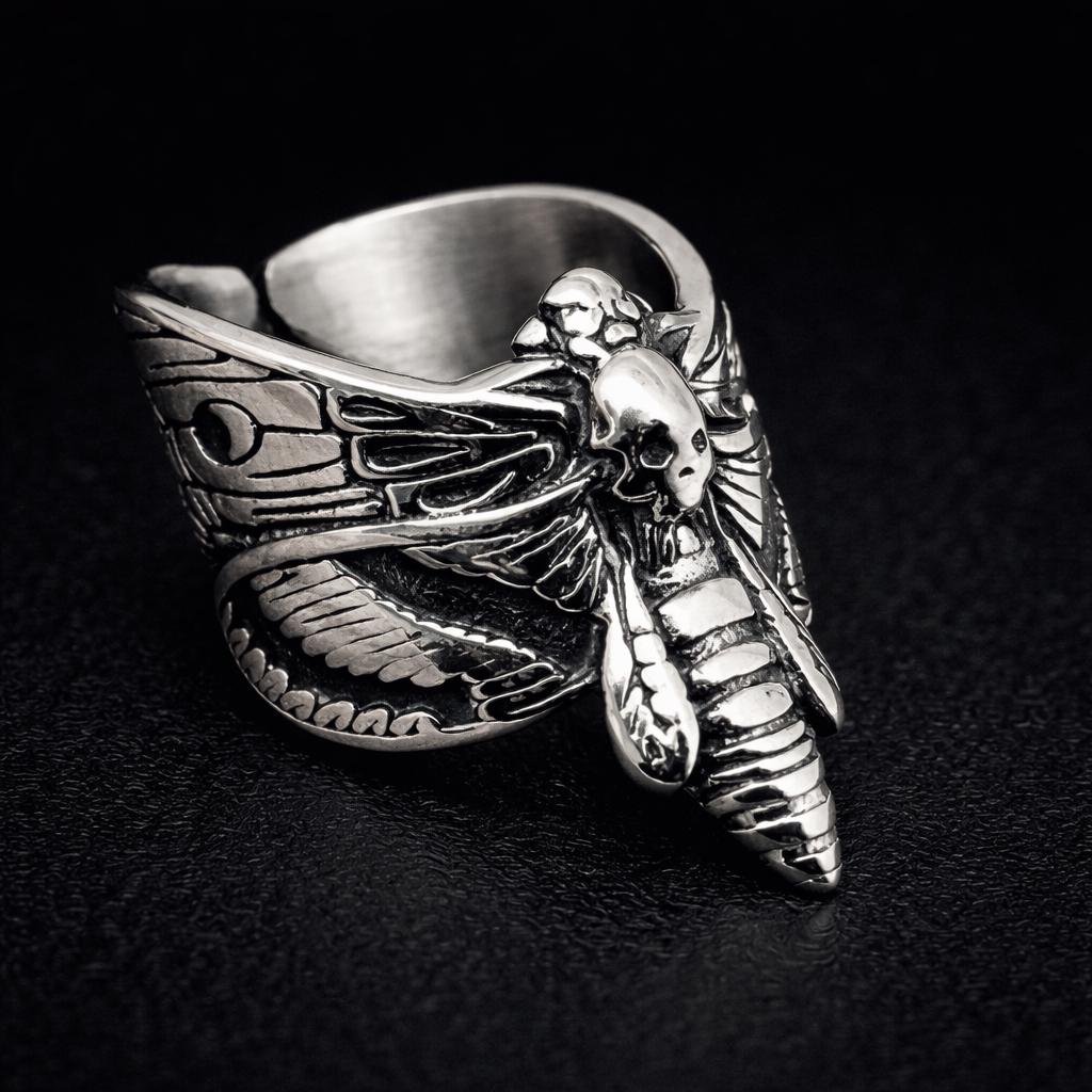 Biker Hawk Moth Skull Ring: Stainless Steel Gothic Motorcycle Accessory