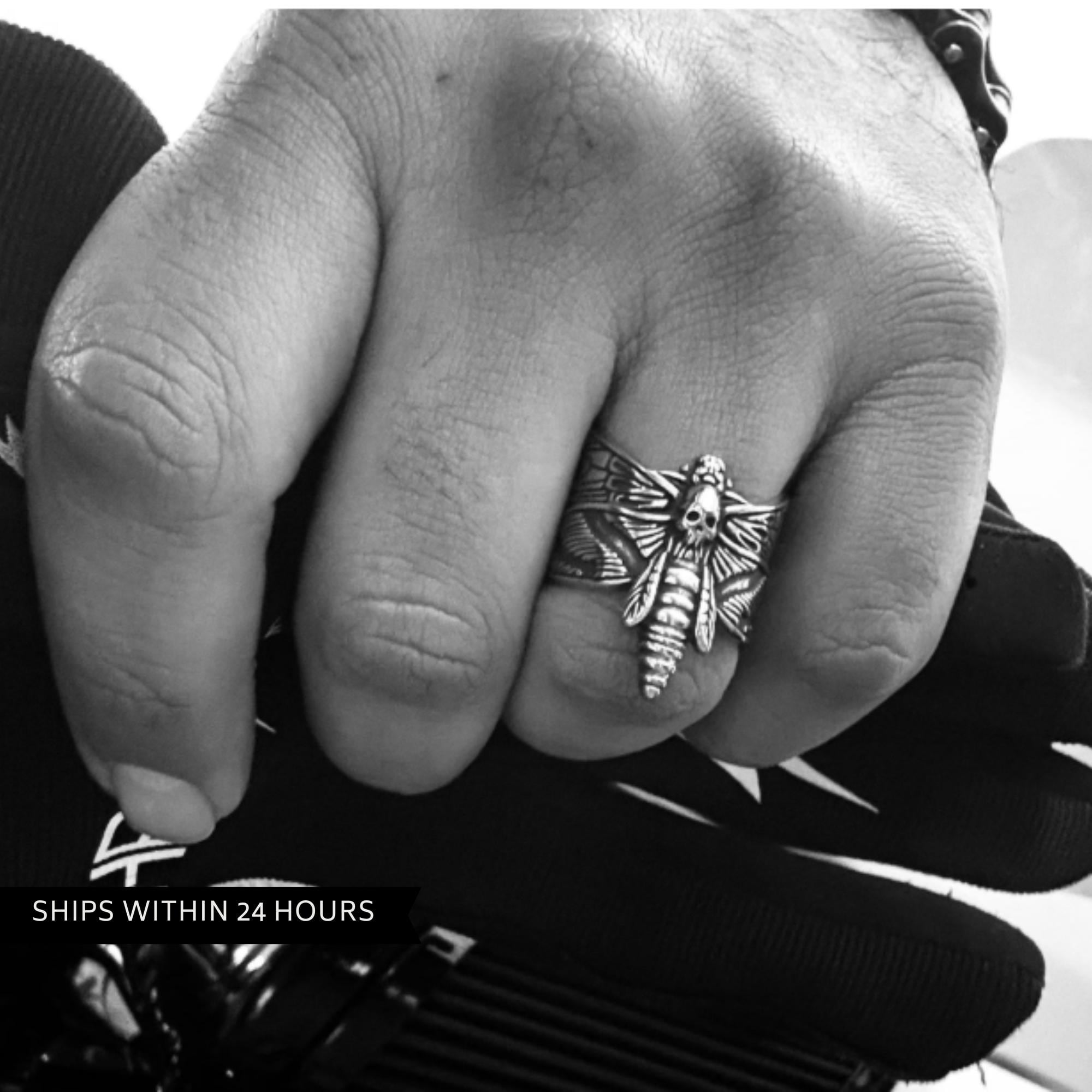 Biker Hawk Moth Skull Ring: Stainless Steel Gothic Motorcycle Accessory