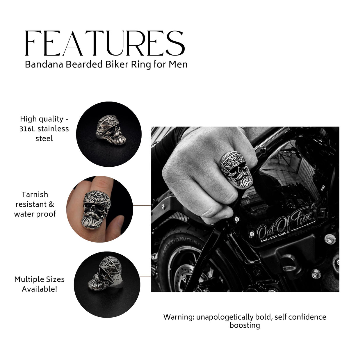 Heavy Bandana Skull Ring for Men, 316L Stainless Steel Biker Statement Ring