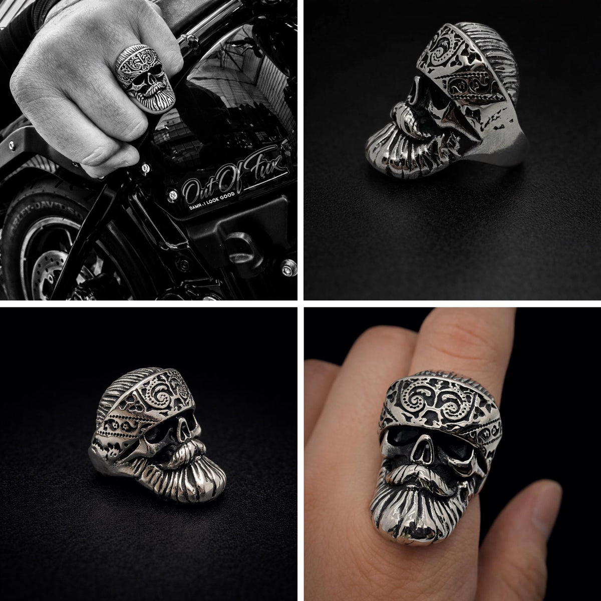 Heavy Bandana Skull Ring for Men, 316L Stainless Steel Biker Statement Ring