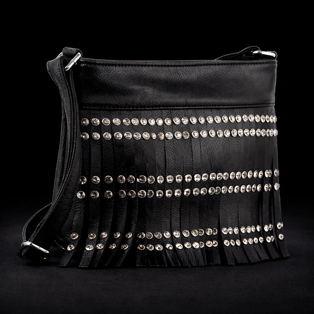 Black Leather Fringe Crossbody: Studded Rocker Boho Statement Bag