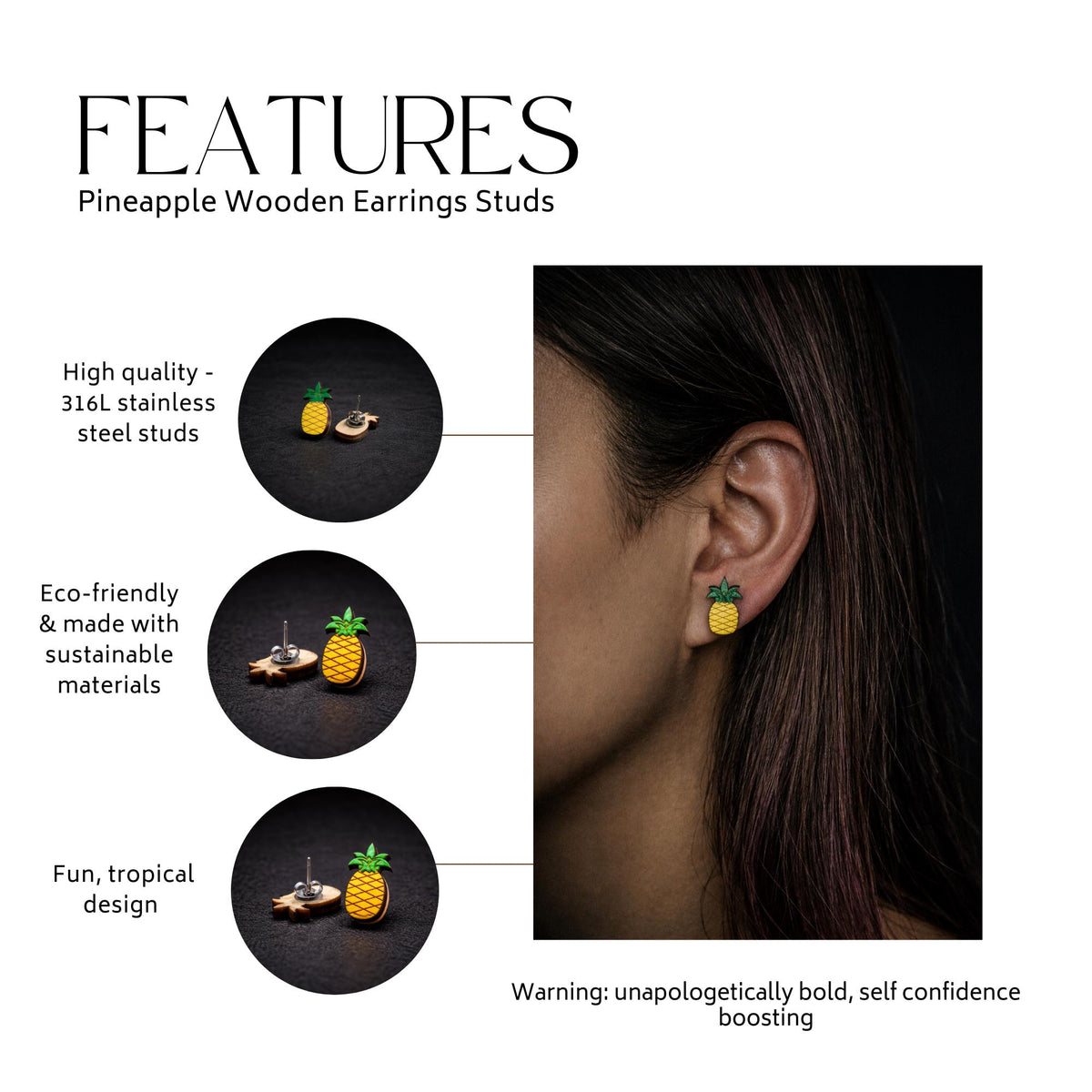 Wooden Pineapple Stud Earrings – Lightweight Tropical Fruit Jewelry