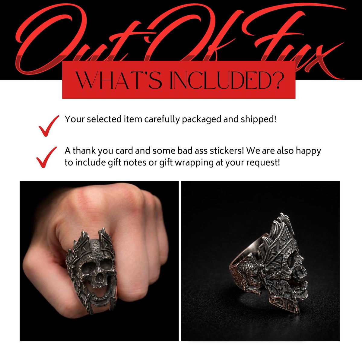Blackened Stainless Steel Skull Ring for Men, Biker Gothic Statement Ring