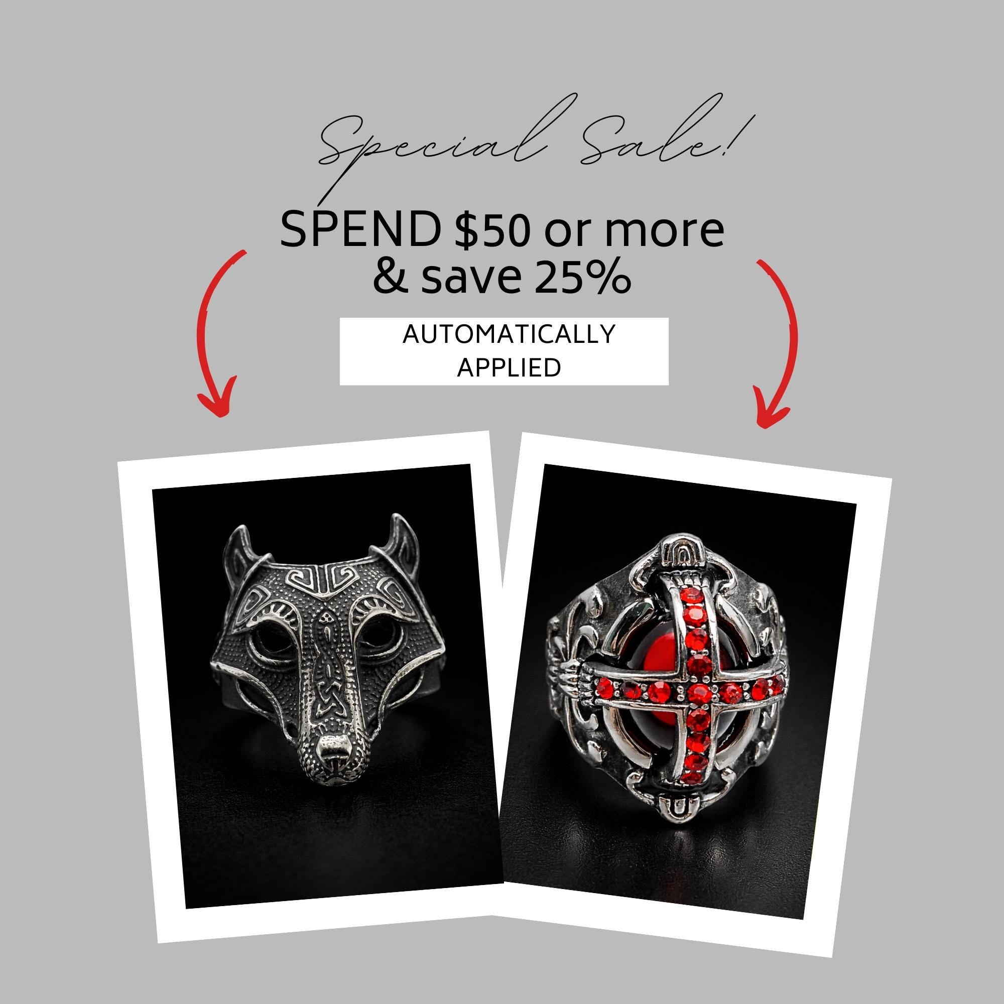 Gothic Red Stone Cross Ring for Men, Stainless Steel Biker Statement Ring