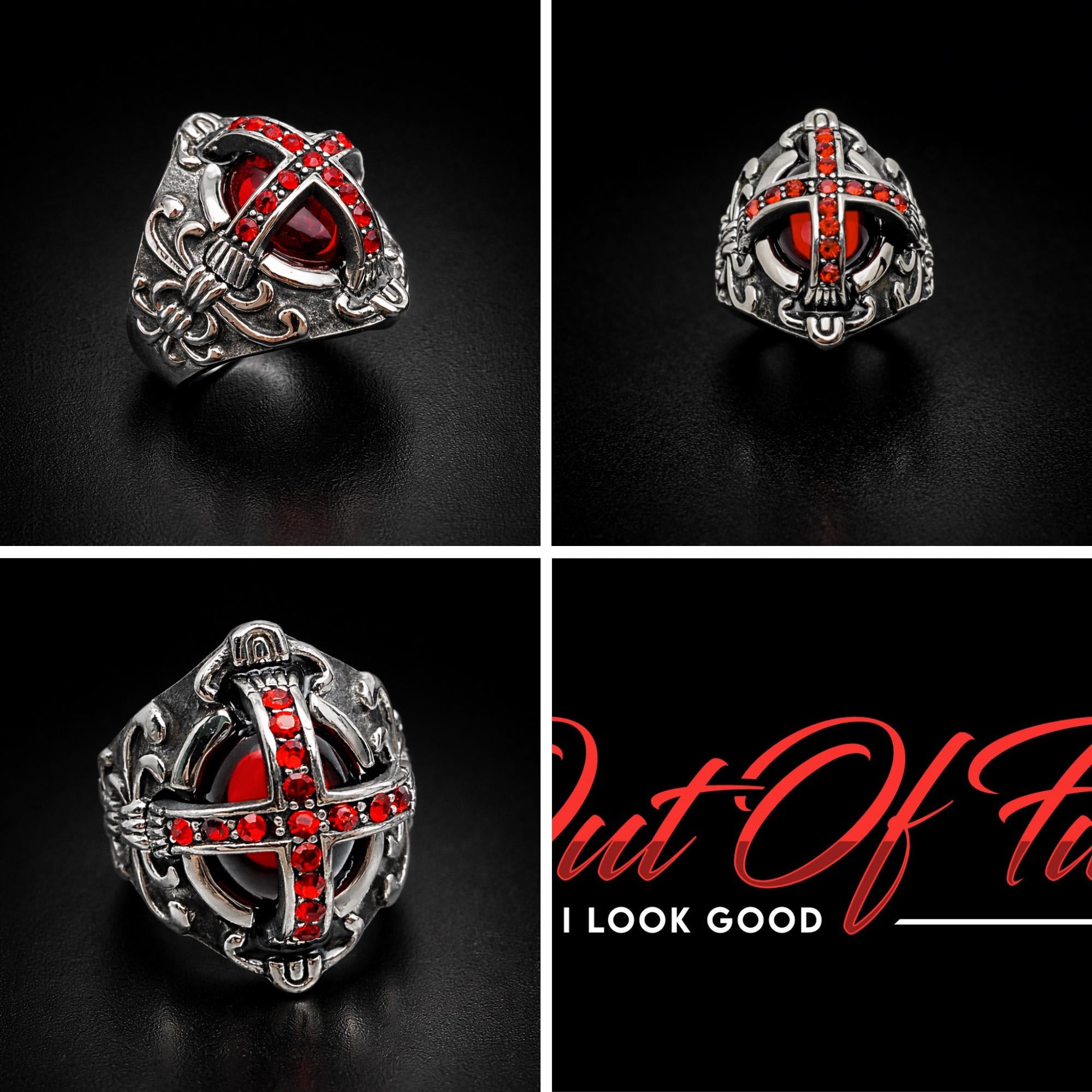 Gothic Red Stone Cross Ring for Men, Stainless Steel Biker Statement Ring