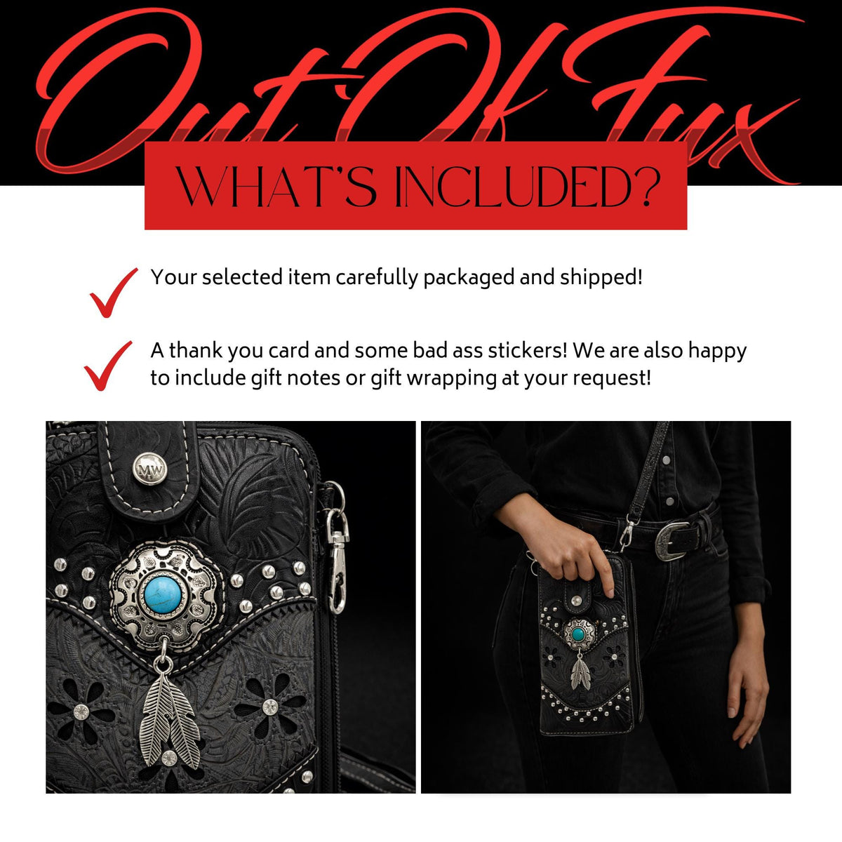 Black and Gray Western Phone Crossbody, Tooled Leather Cowgirl Phone Bag
