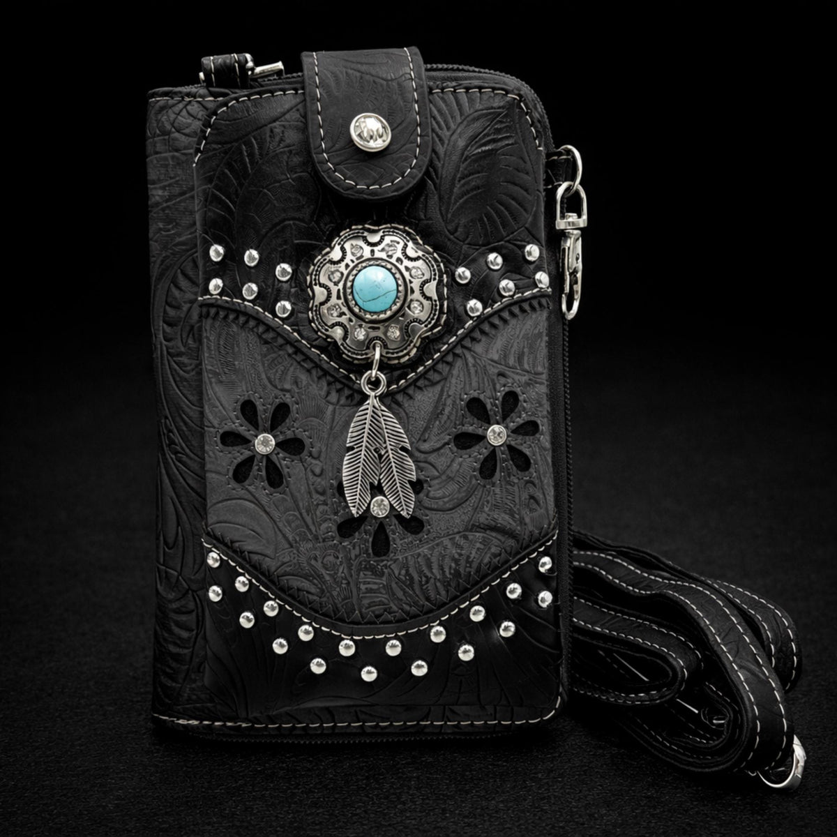 Black and Gray Western Phone Crossbody, Tooled Leather Cowgirl Phone Bag