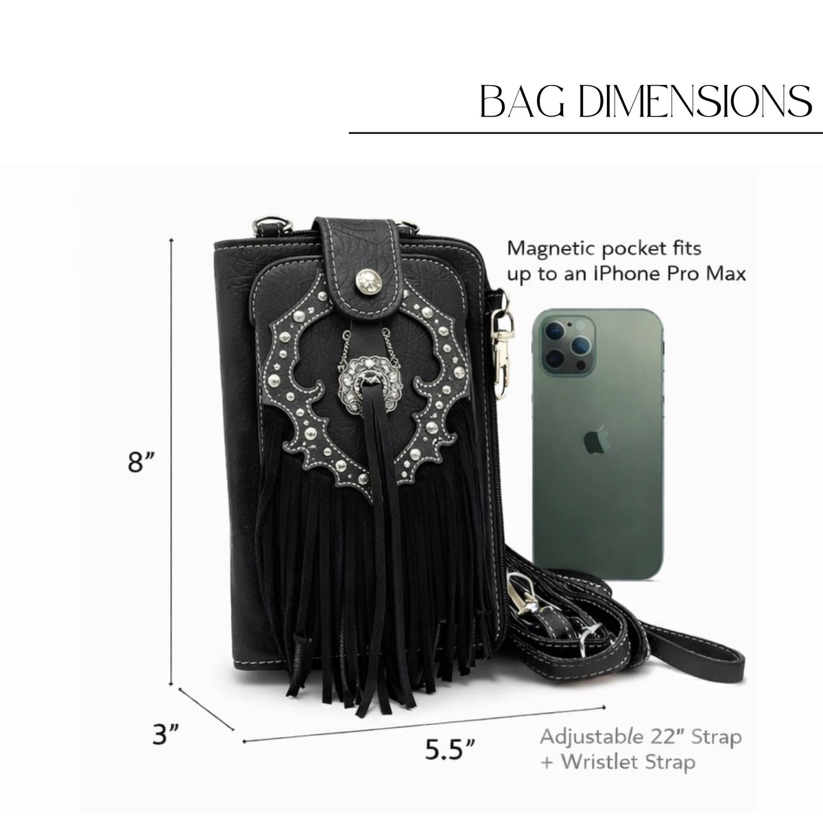 Black Leather Western Fringe Phone Wallet Crossbody, Cowgirl Statement Accessory