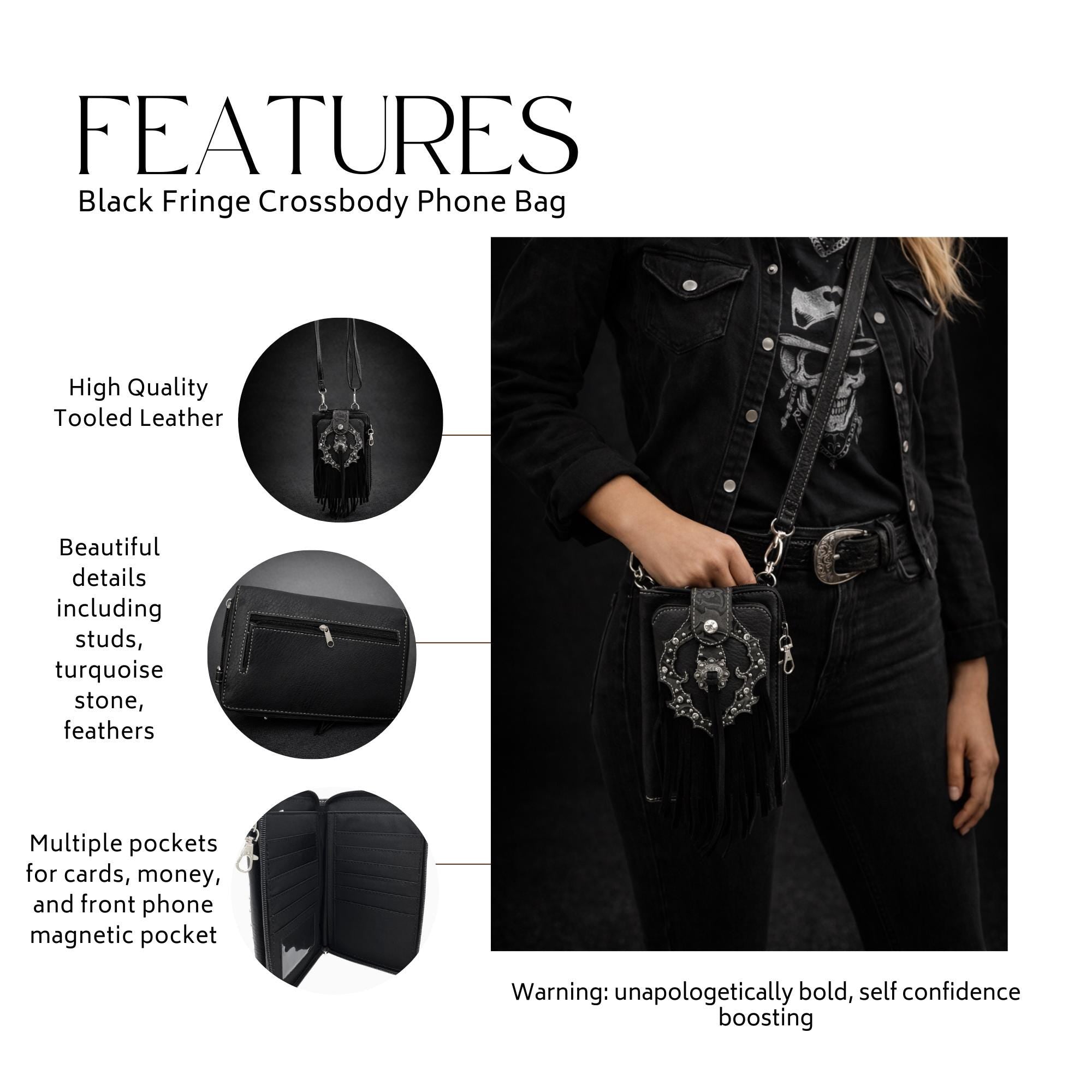 Black Leather Western Fringe Phone Wallet Crossbody, Cowgirl Statement Accessory