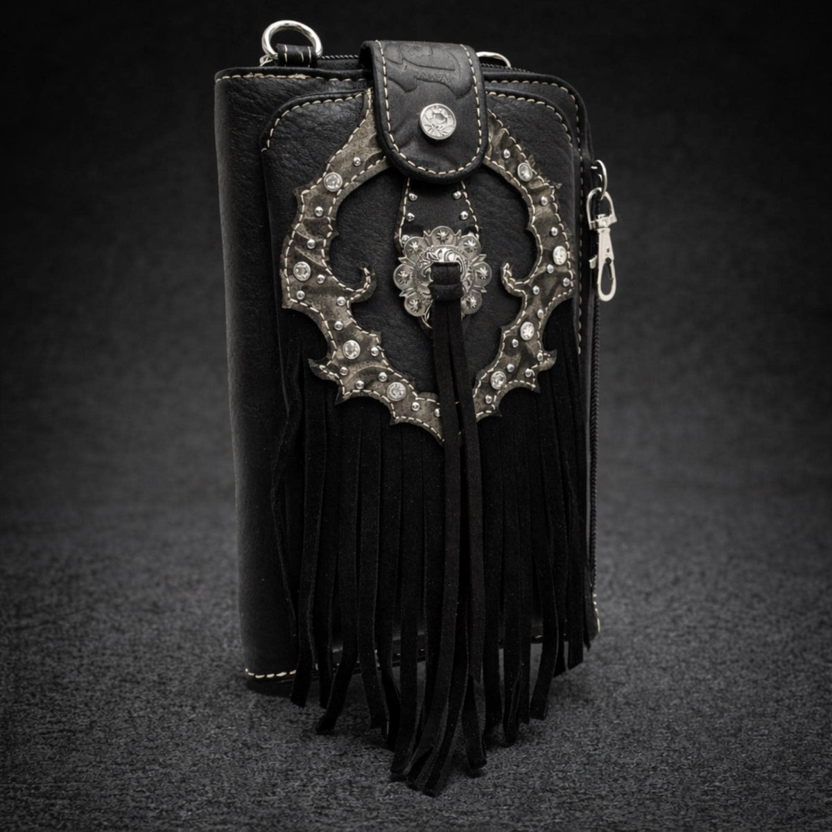 Black Leather Western Fringe Phone Wallet Crossbody, Cowgirl Statement Accessory