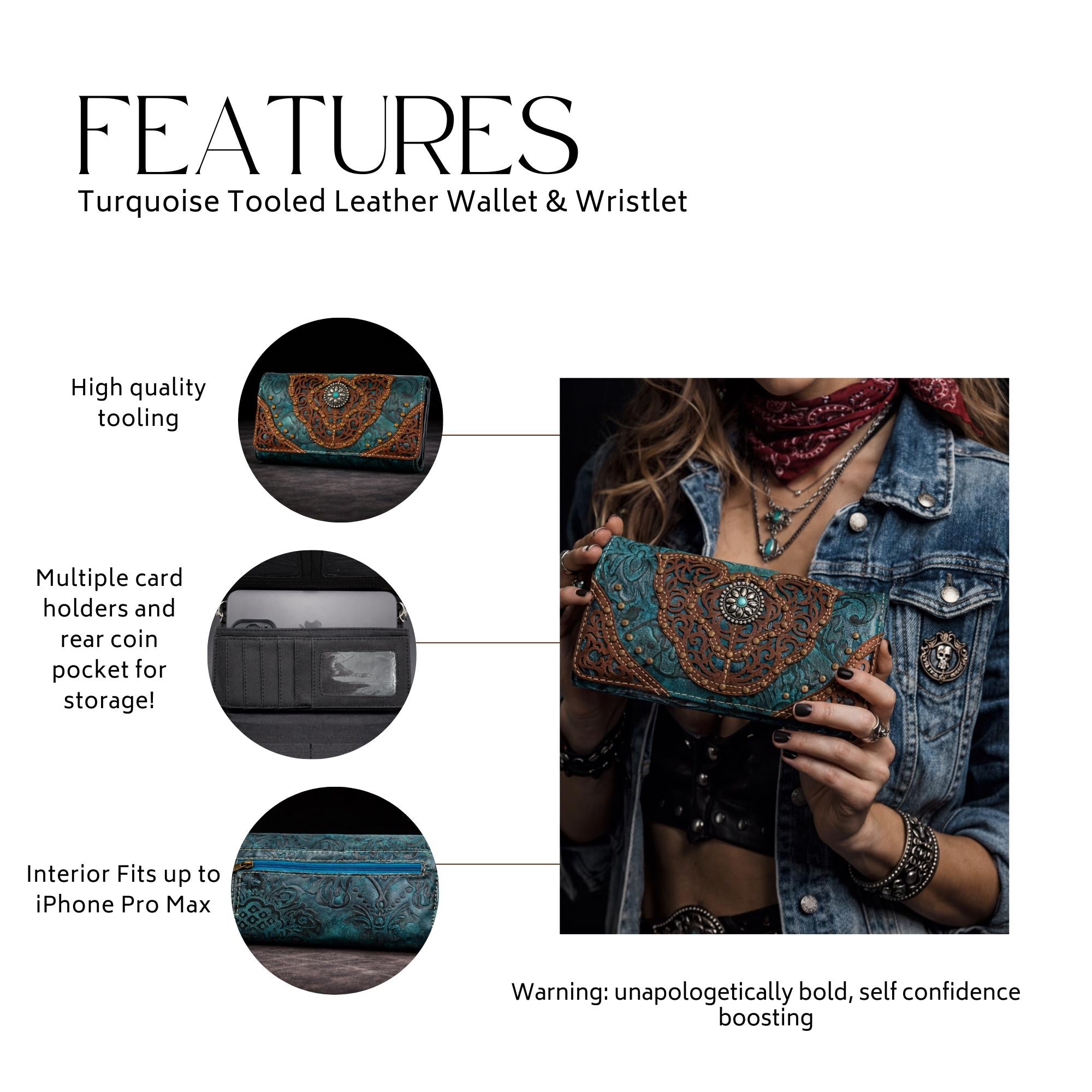 Turquoise Western Wristlet Crossbody Wallet, Tooled Faux Leather Trifold with Strap