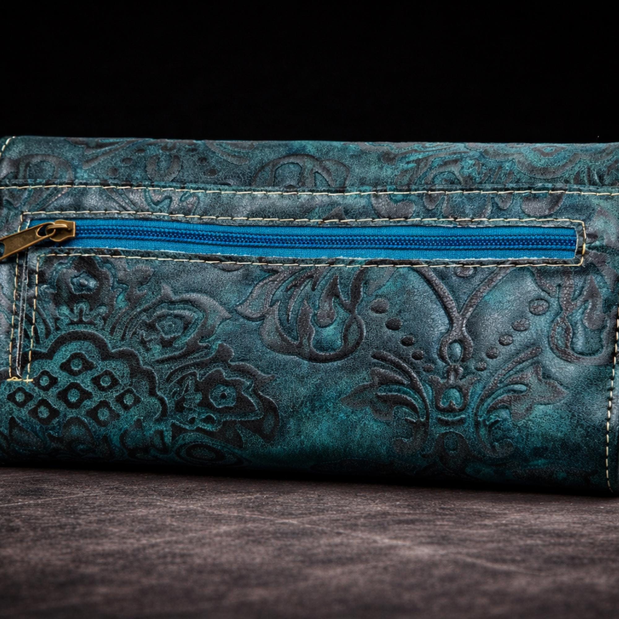 Turquoise Western Wristlet Crossbody Wallet, Tooled Faux Leather Trifold with Strap