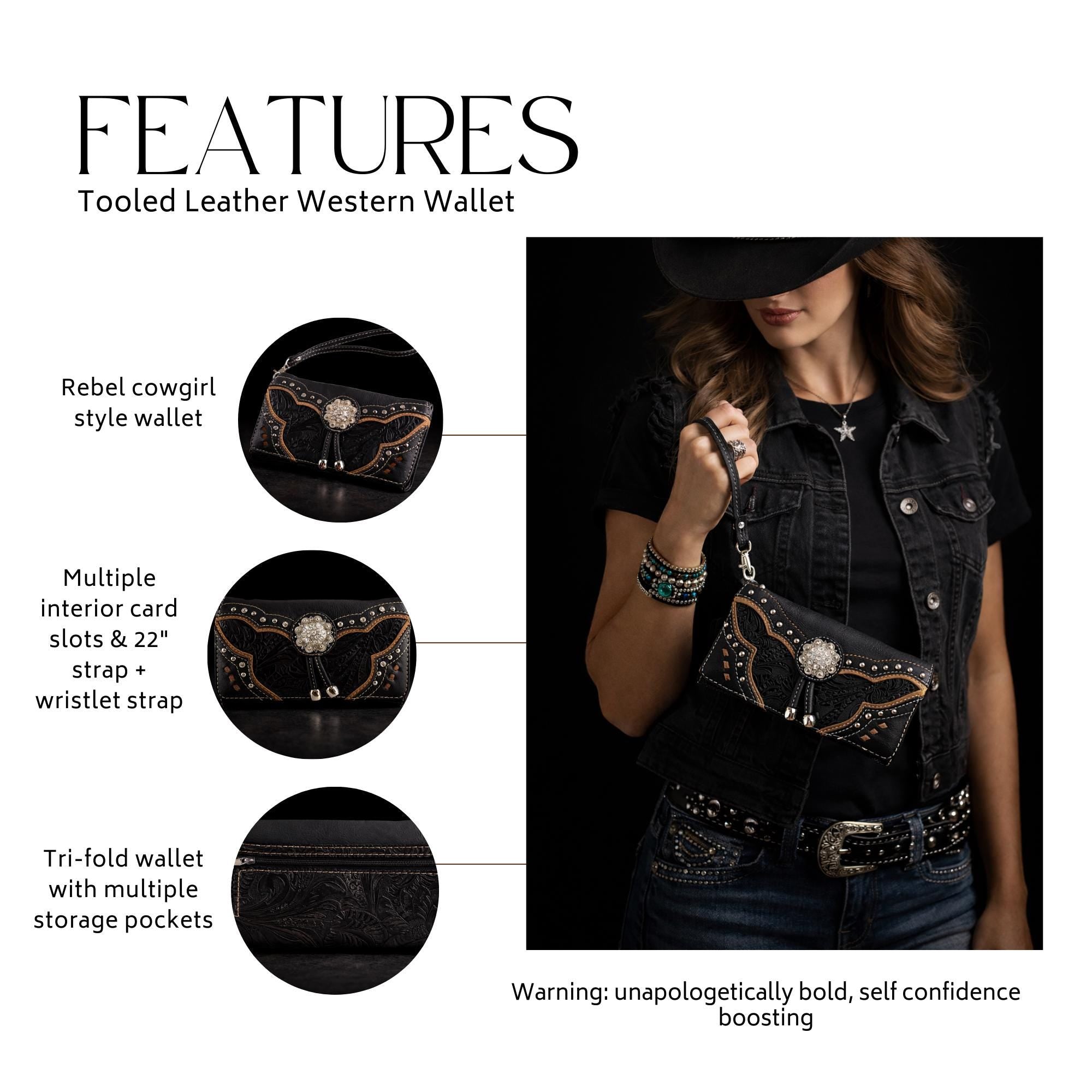 Tooled Western Wallet for Women, Cowgirl Wristlet and Crossbody Wallet with Concho Snap