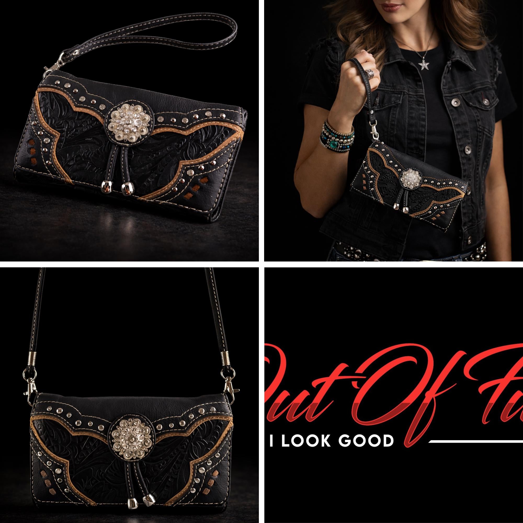 Tooled Western Wallet for Women, Cowgirl Wristlet and Crossbody Wallet with Concho Snap